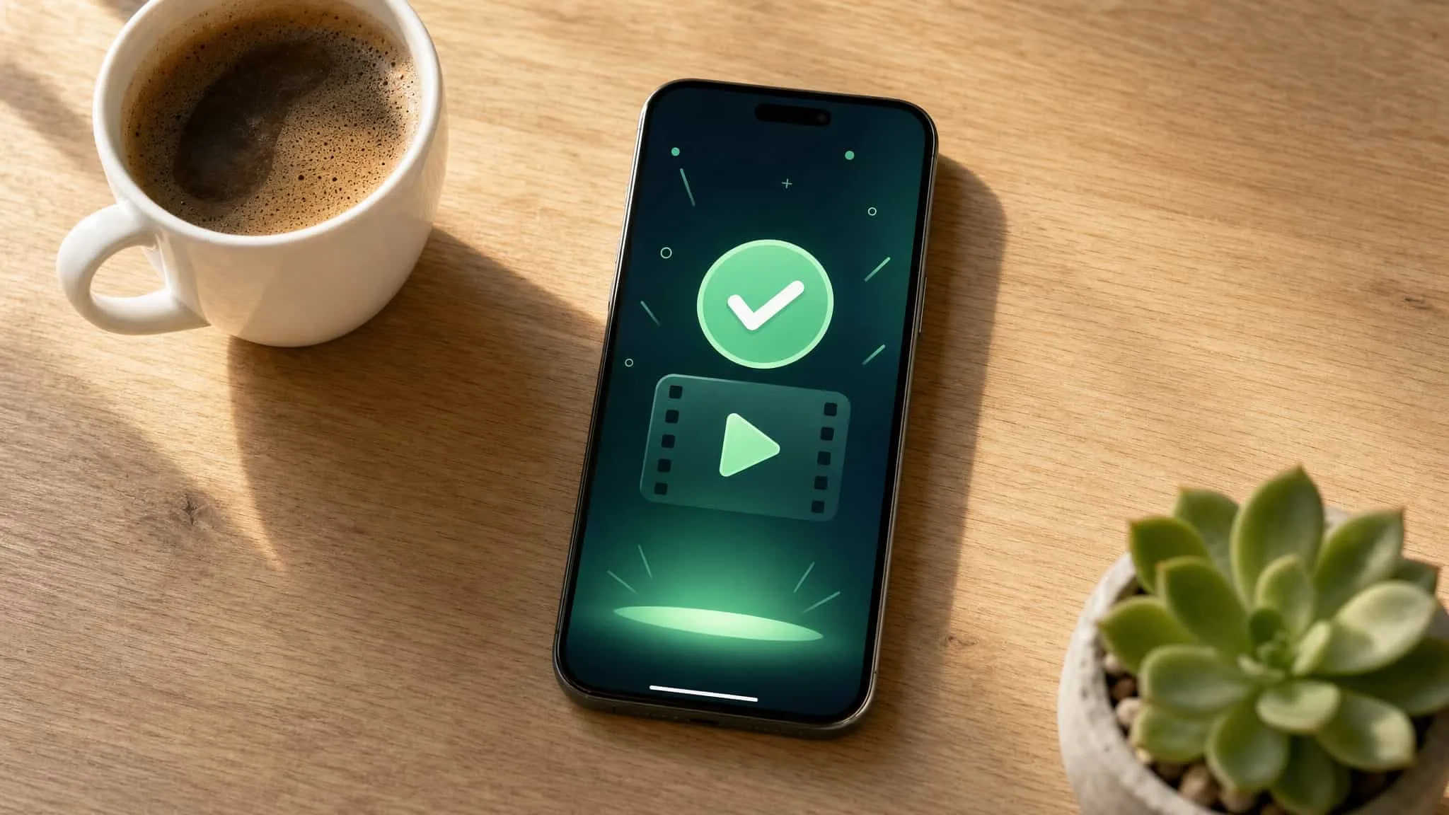 Celular numa mesa mostrando uma tela abstrata de recompensa por vídeo verificada com um check verde ao lado de um café