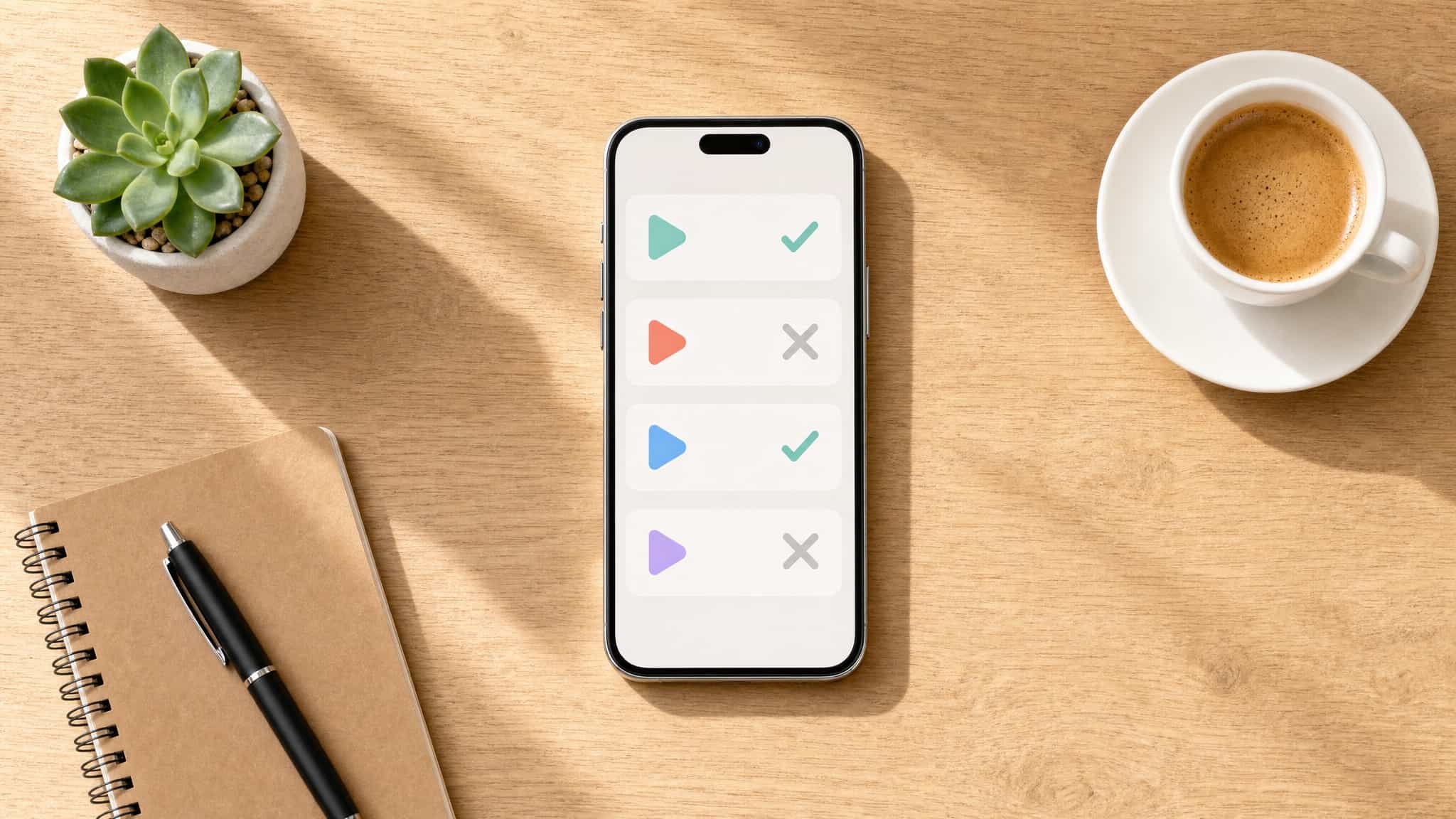 Vista superior de um celular mostrando uma comparação abstrata de apps de vídeo com marcas de verificação ao lado de um café