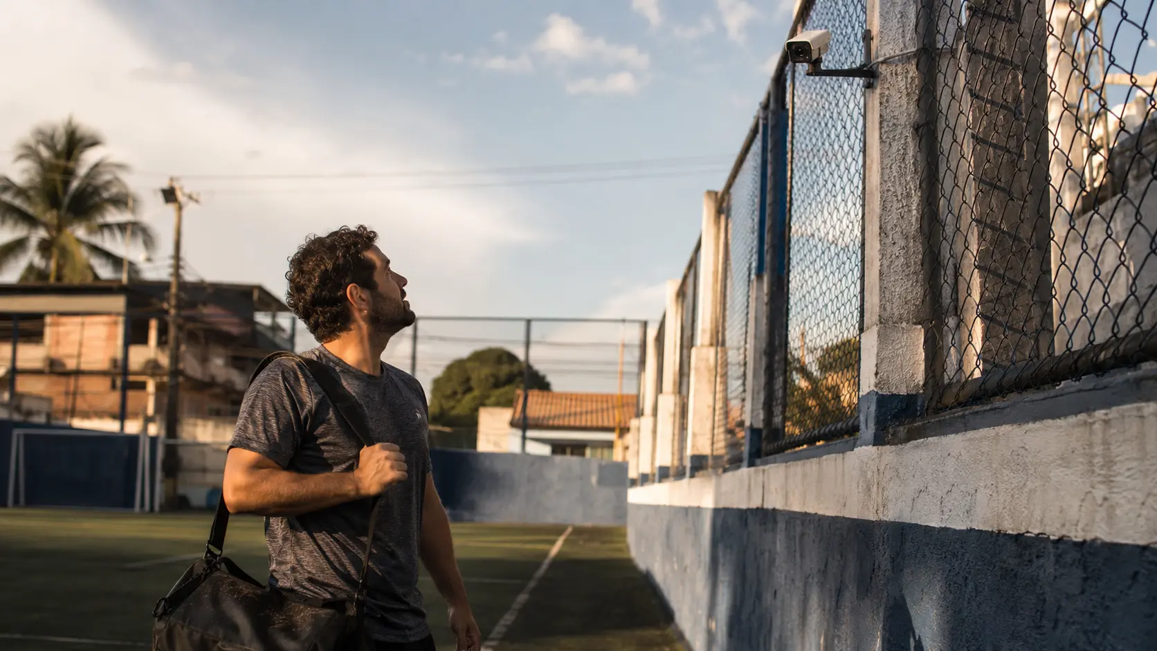 Jugador amateur en una cancha mirando hacia la esquina donde iría montada una cámara