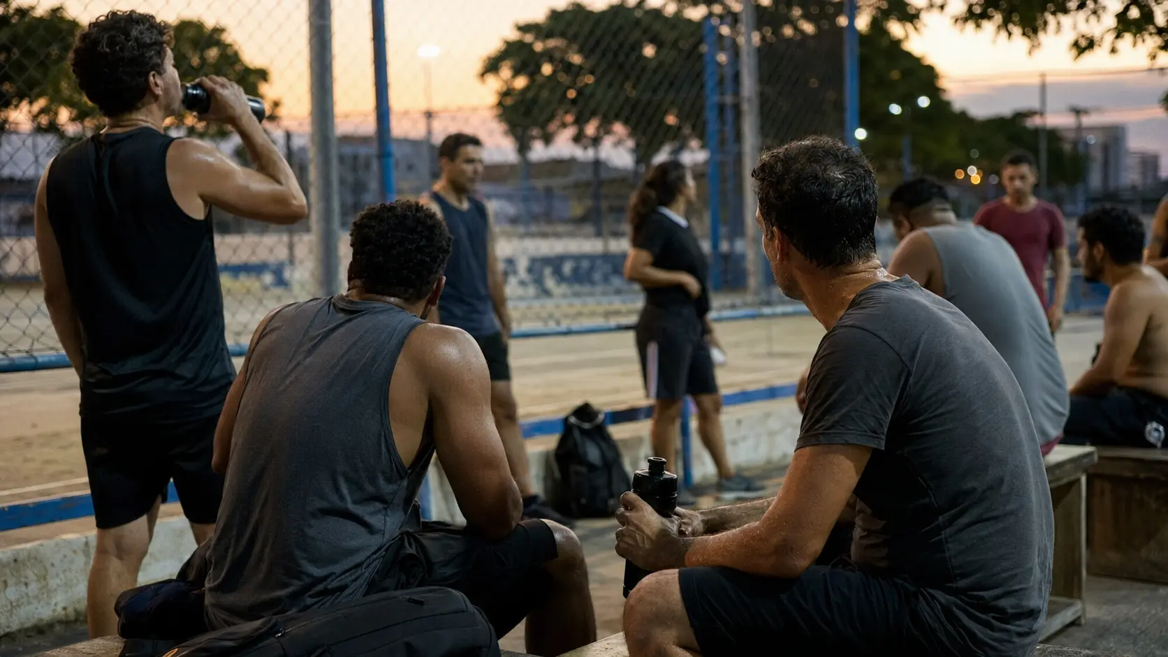 Players gathered on a courtside bench after a match, relaxed and talking
