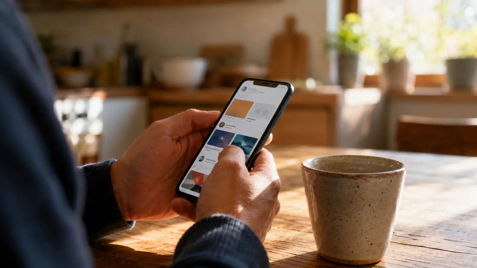 Hands scrolling a phone at a kitchen table in the morning with coffee
