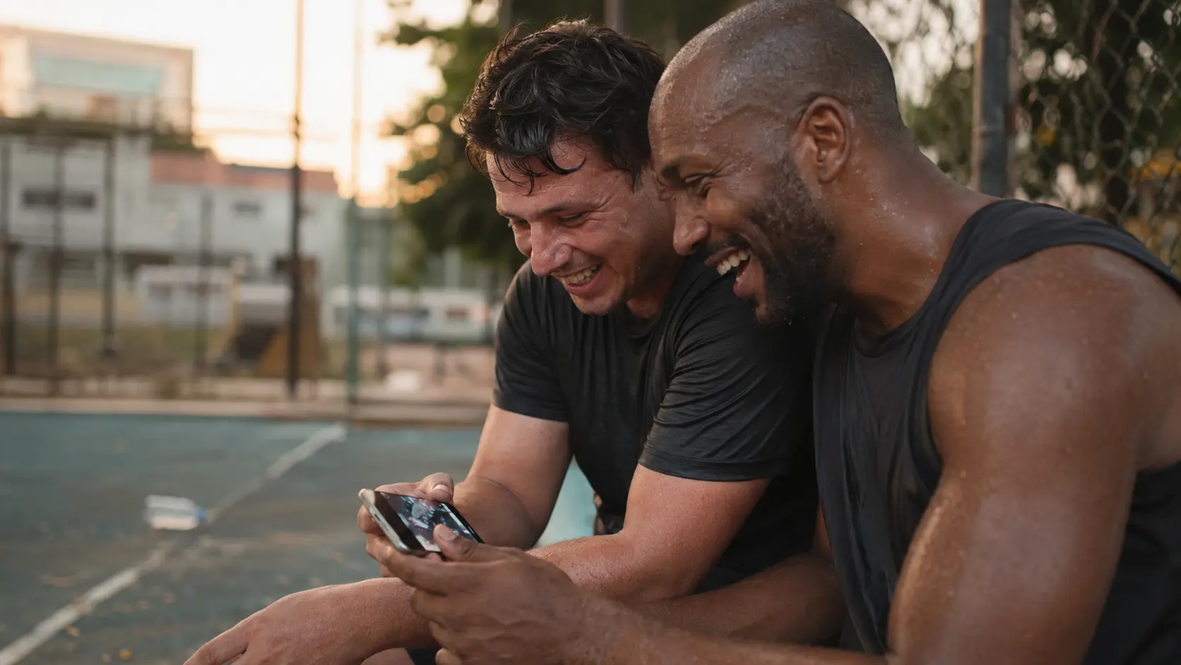 Two players on a bench after the game looking at a phone together and laughing