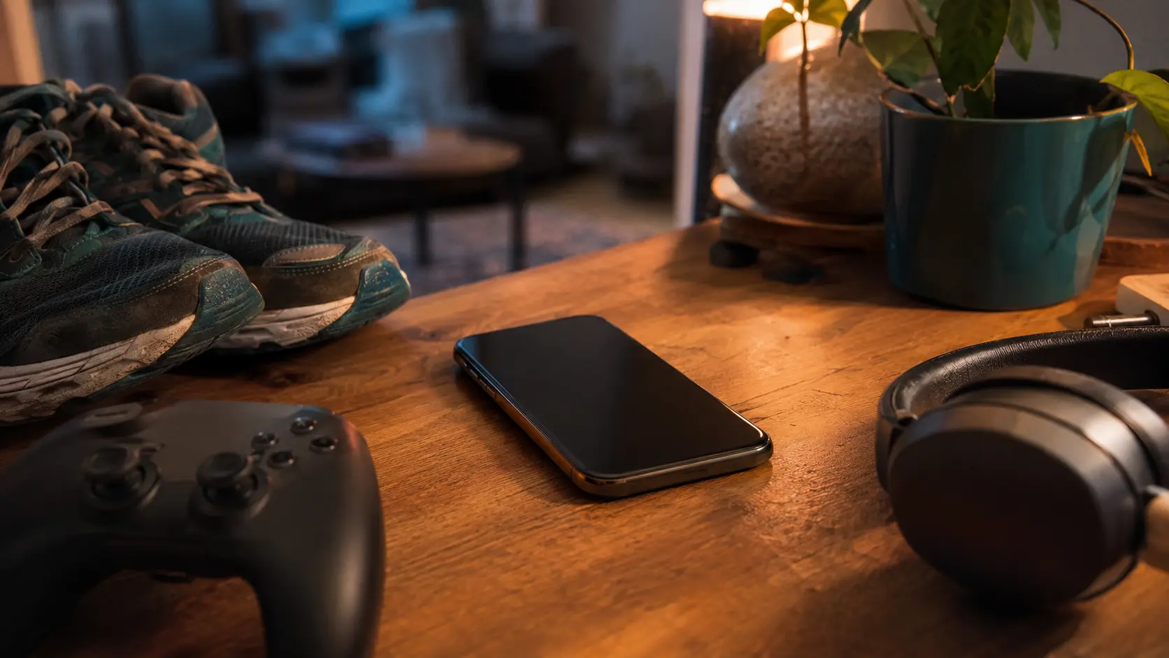 Celular sobre uma mesa de madeira cercado por tênis, fone de ouvido e controle