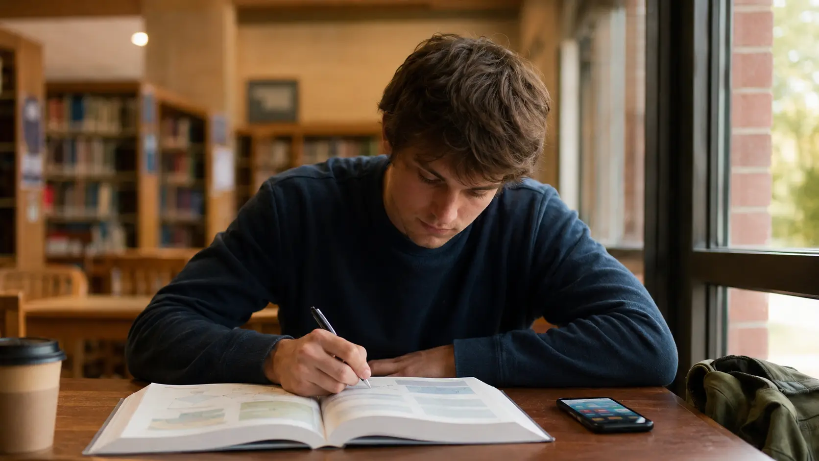 Student at a library table with an open textbook and a phone face up beside it
