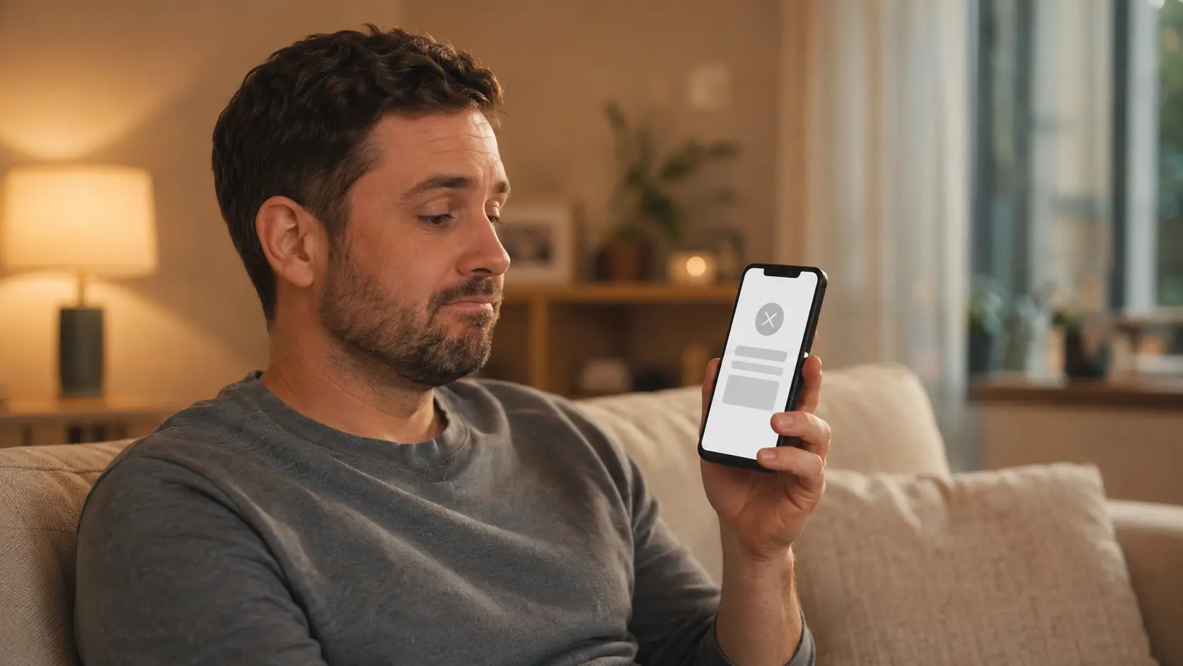 Person on a sofa looking at a phone with a mildly frustrated expression