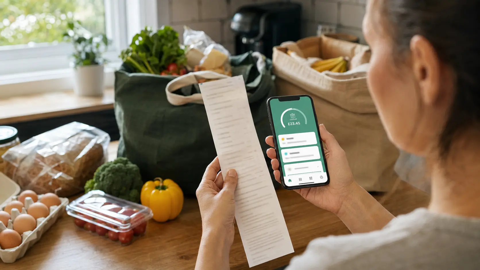 Persona sosteniendo un ticket de supermercado junto al celular en la barra de la cocina después de hacer las compras