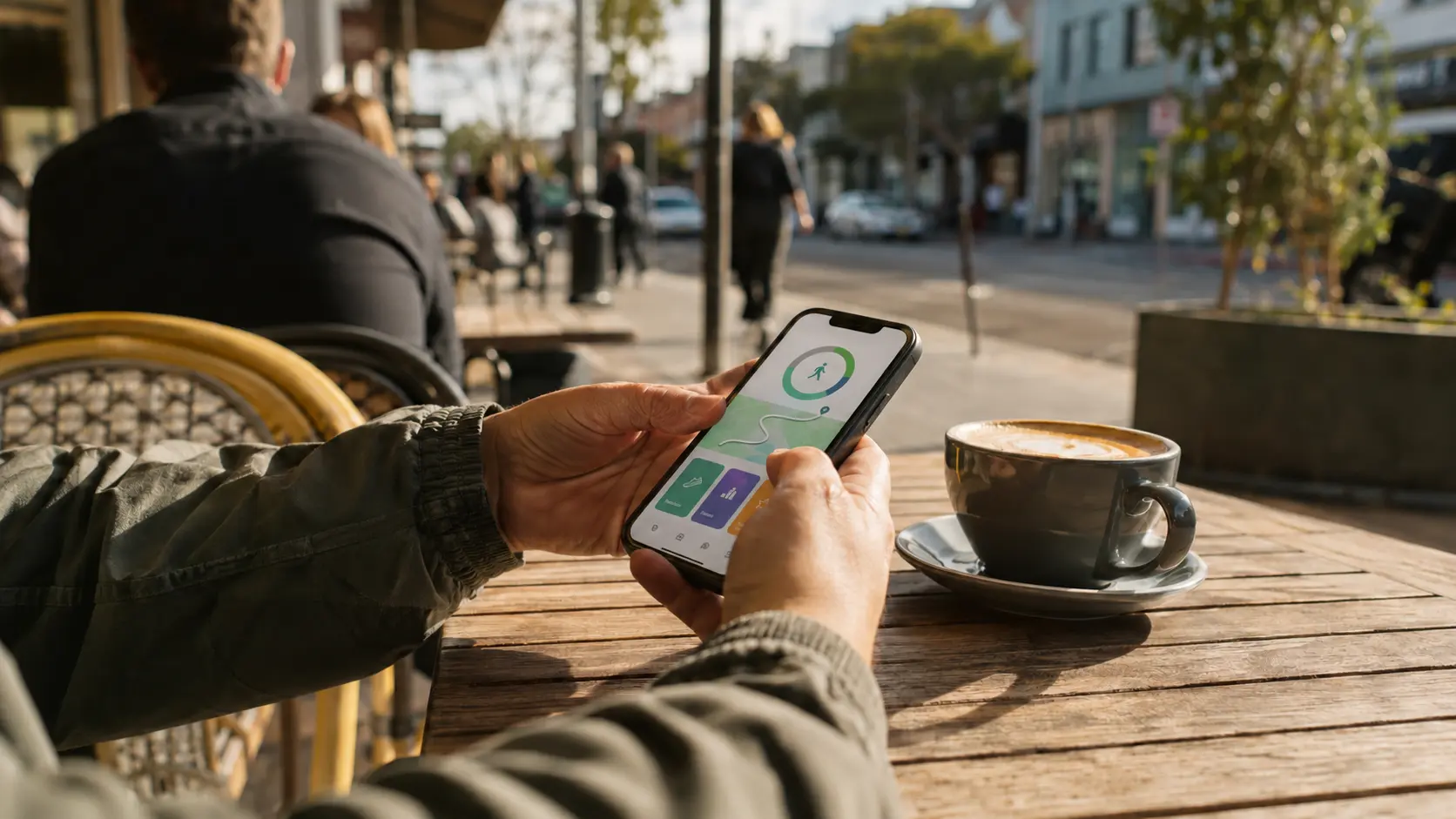 Hands holding a phone at an outdoor cafe table with a coffee in morning light