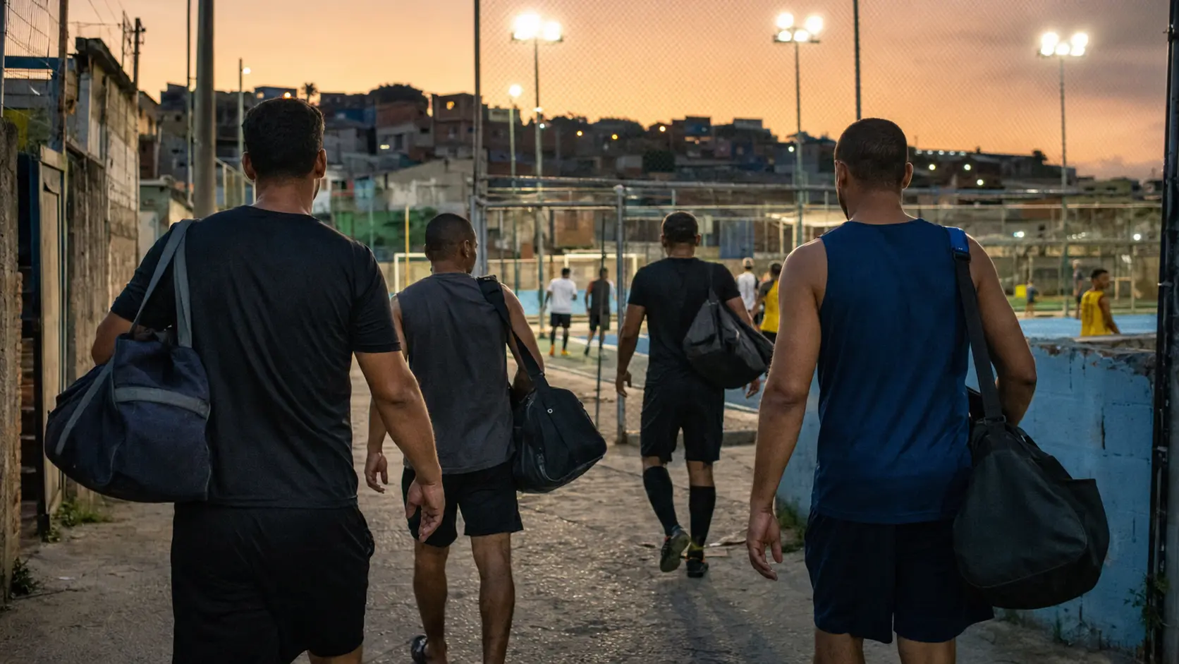 Group of amateur players arriving at a lit sports venue at dusk, seen from behind