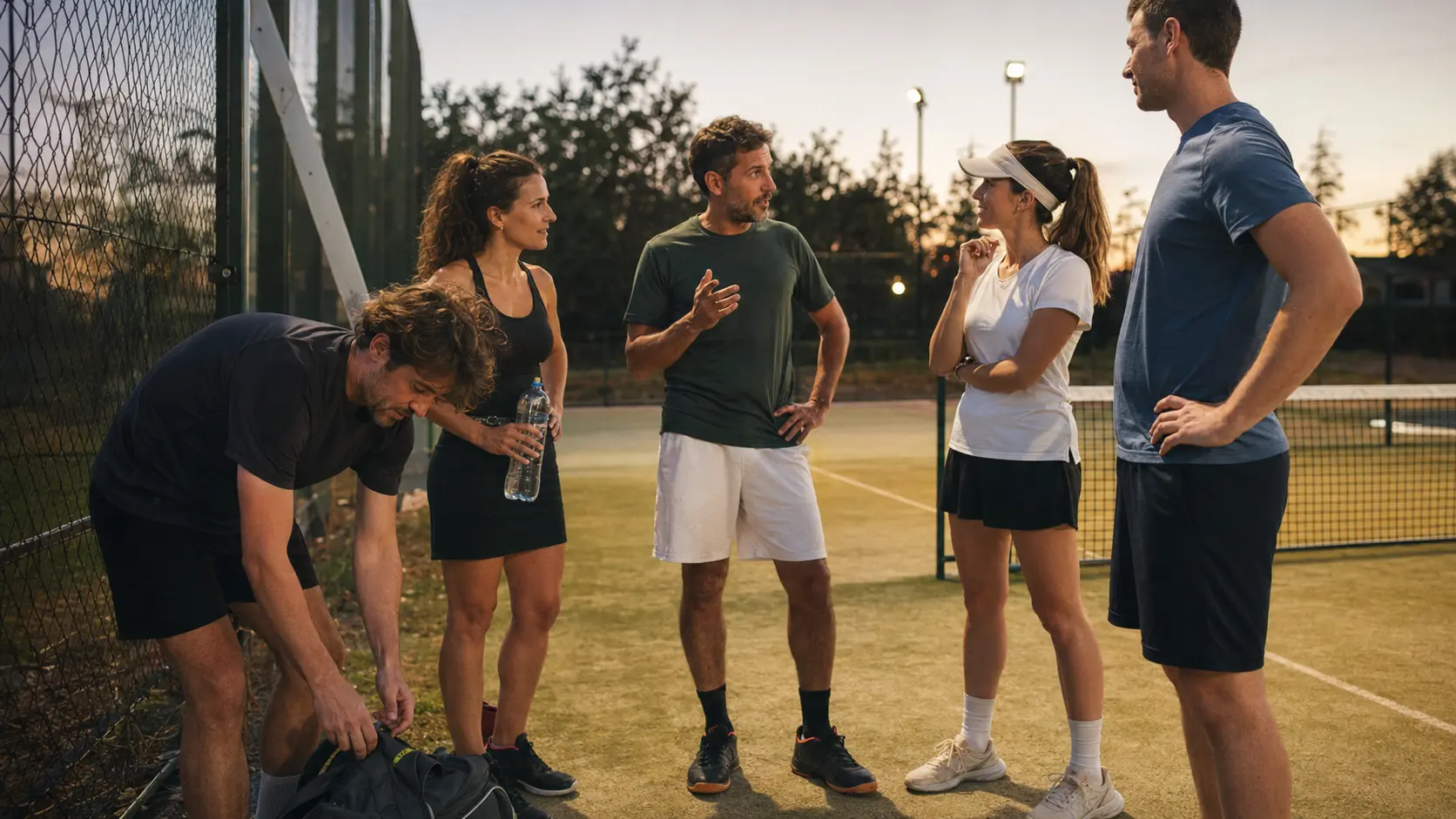 Pequeño grupo de jugadores amateurs reunidos al costado de la cancha después del partido con luz de atardecer