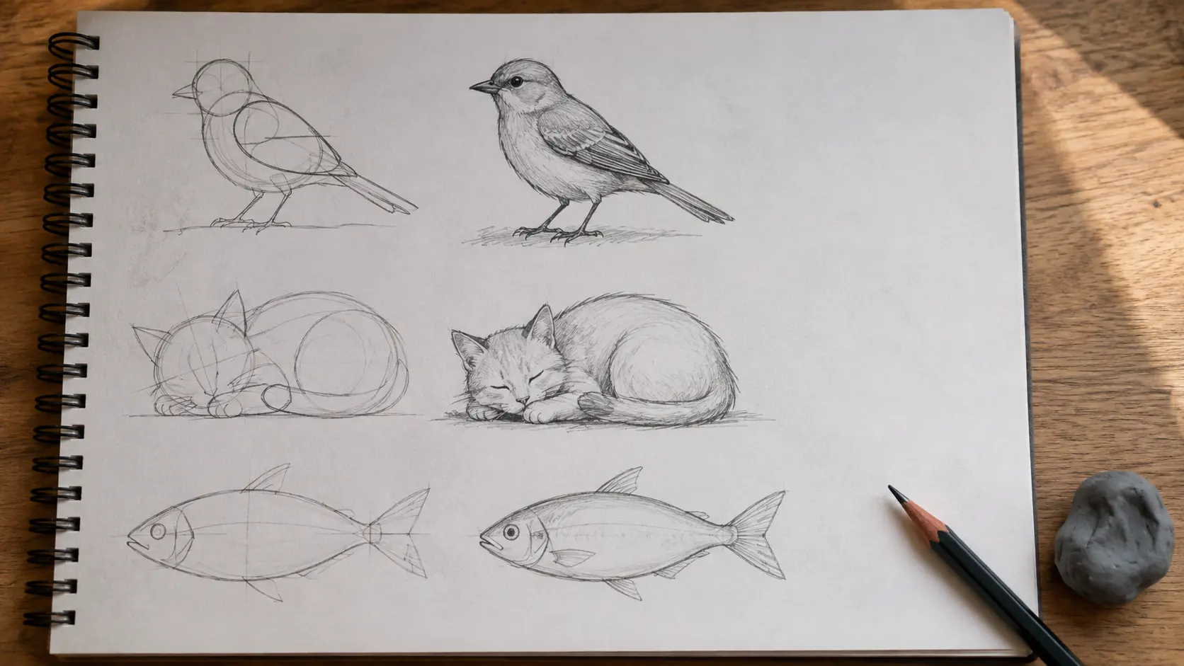 Estudios de cuaderno mostrando animales construidos con formas básicas: pájaro de óvalos, gato de círculos, pez de almendra, líneas de construcción visibles