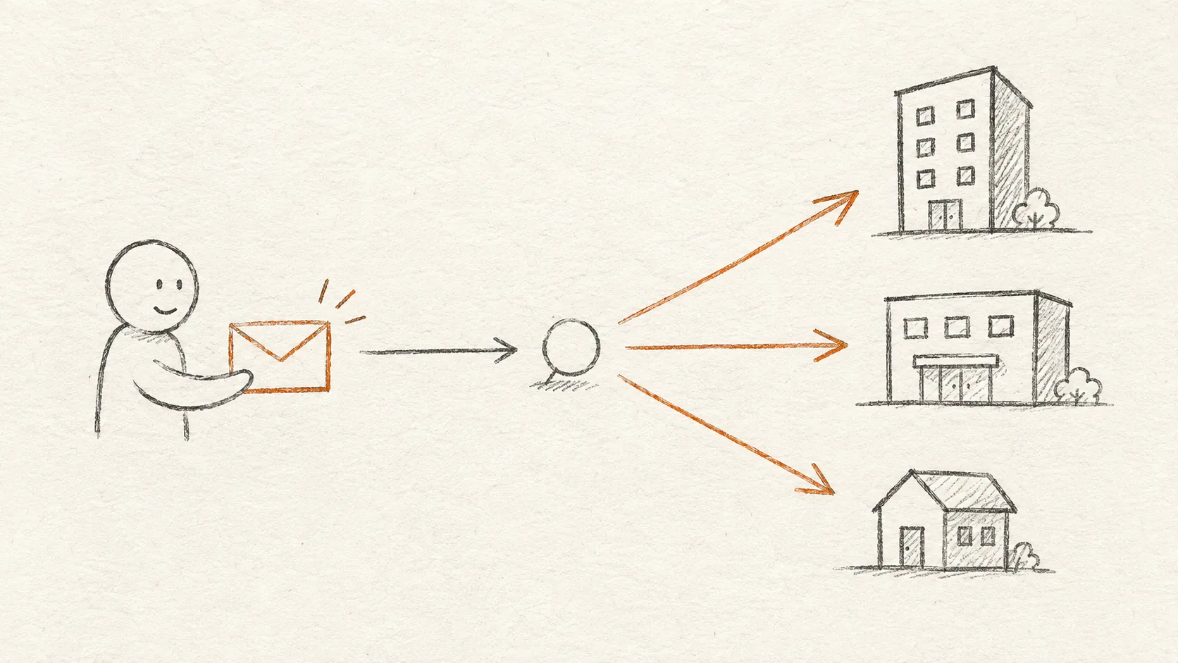 Diagrama que muestra a un suscriptor recibiendo el correo de un servicio de referidos que apunta a estudios operados por empresas de investigación separadas