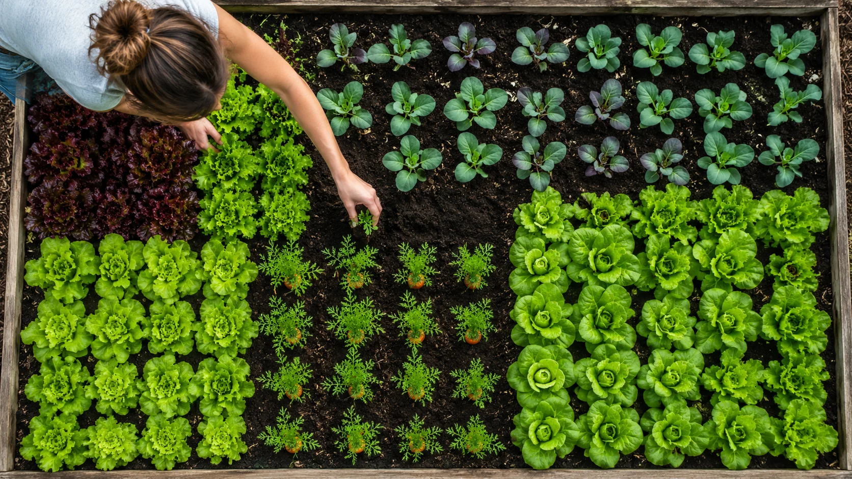 Vista de cima de um canteiro elevado plantado em blocos organizados de alface, cenoura e brássicas jovens em espaçamento uniforme, uma mão colocando uma muda num vão