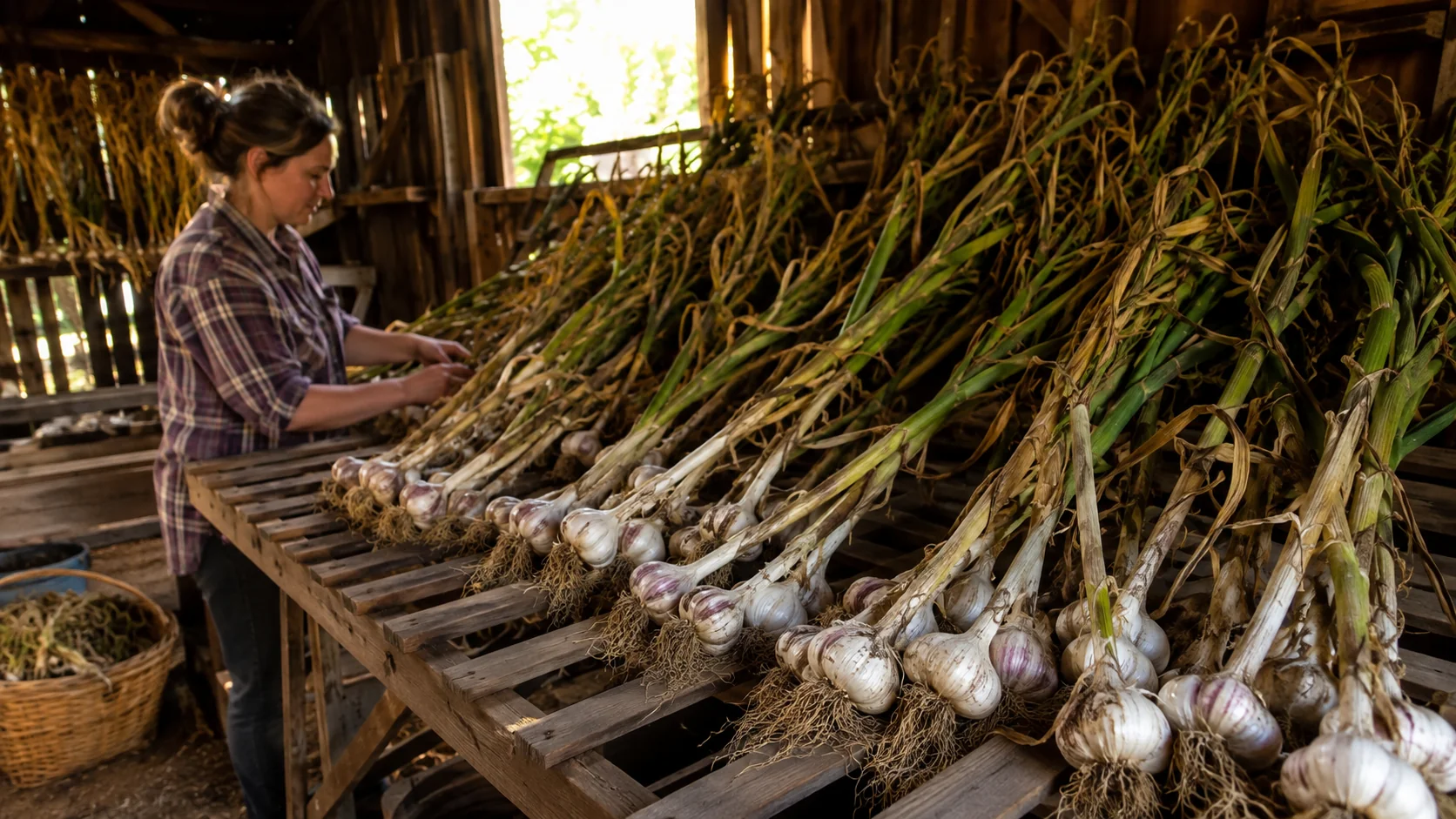 Bulbos de alho recém-colhidos com folhas longas e raízes deitados em fileiras numa grade de madeira num galpão arejado, peles de papel secando em luz quente