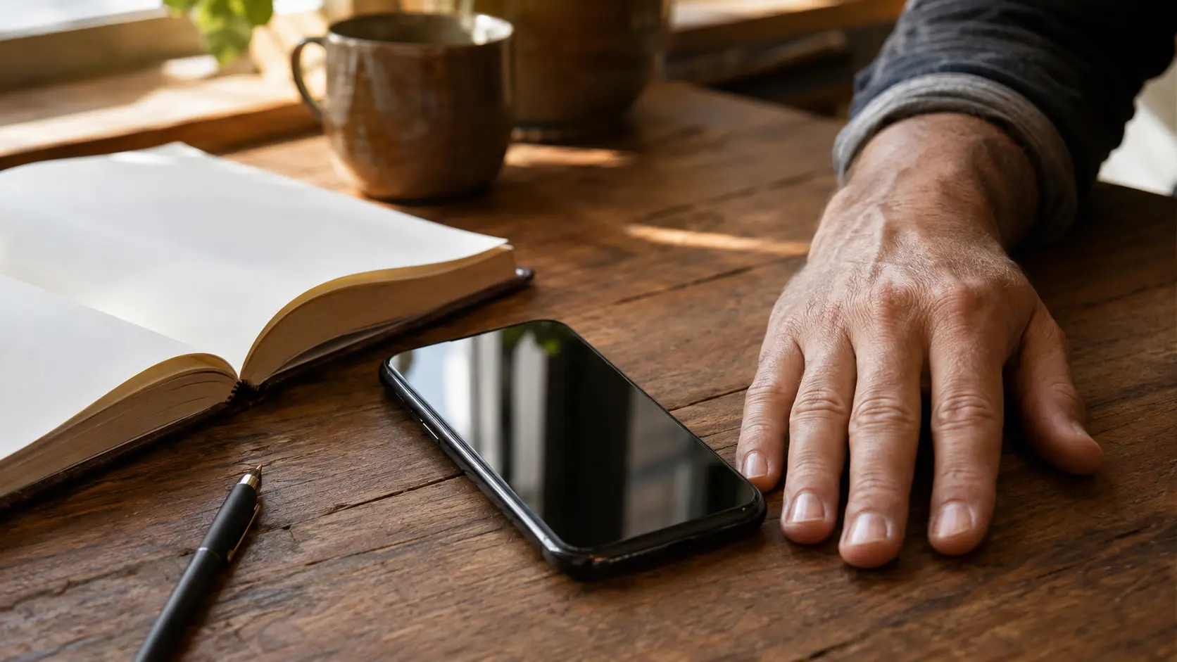 Phone on a table beside a notebook, with a person checking a received transfer
