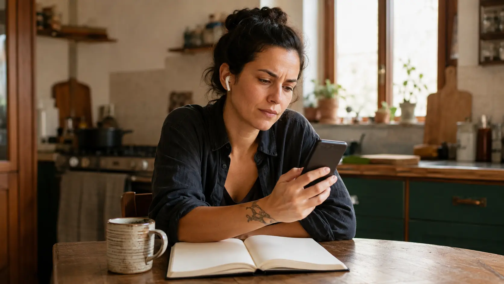 Pessoa numa mesa de cozinha com fone de ouvido olhando o celular com expressão desconfiada