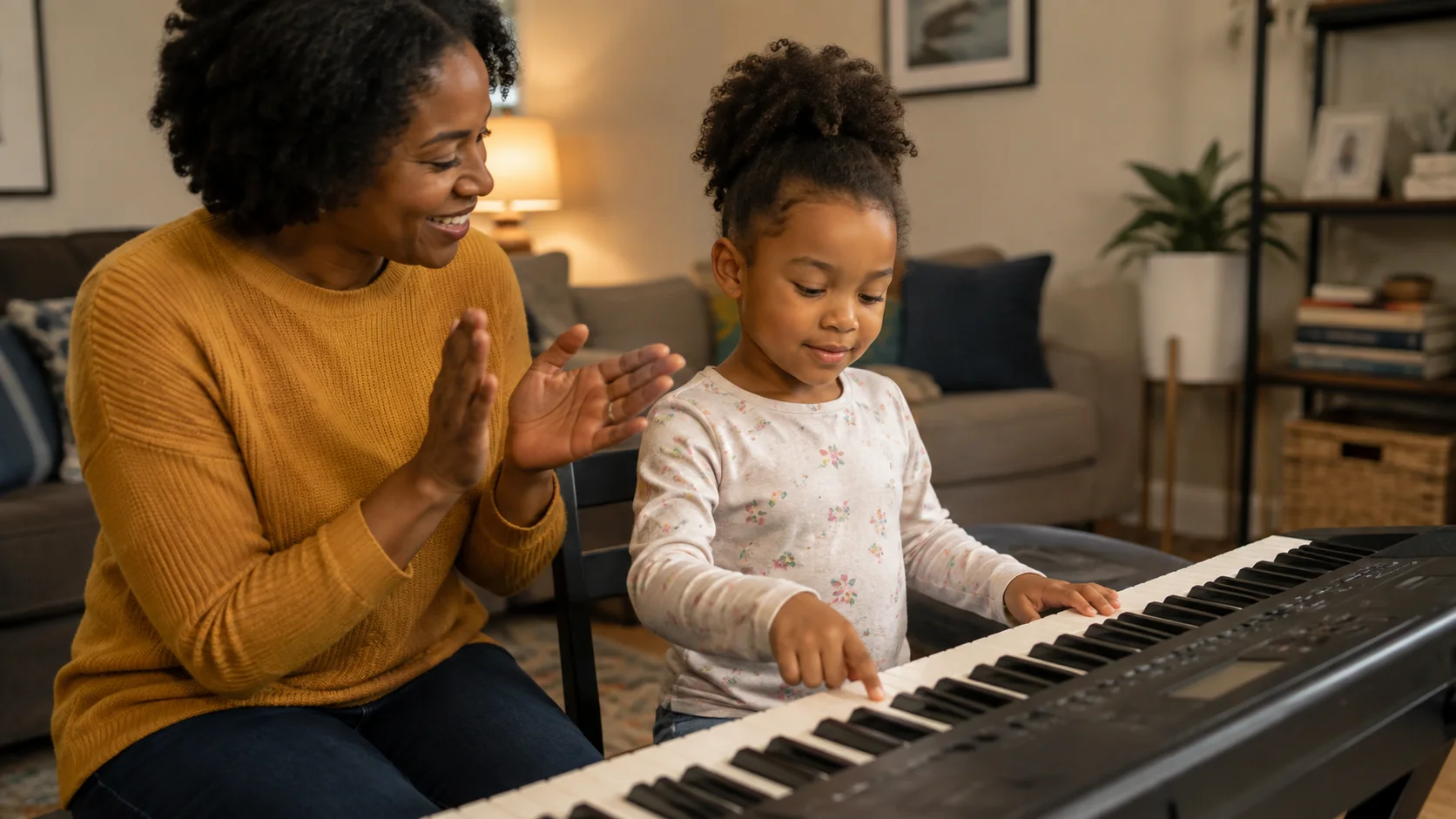 A young child seated at a keyboard at correct height pressing single keys while a parent sits alongside clapping a rhythm, warm living room light
