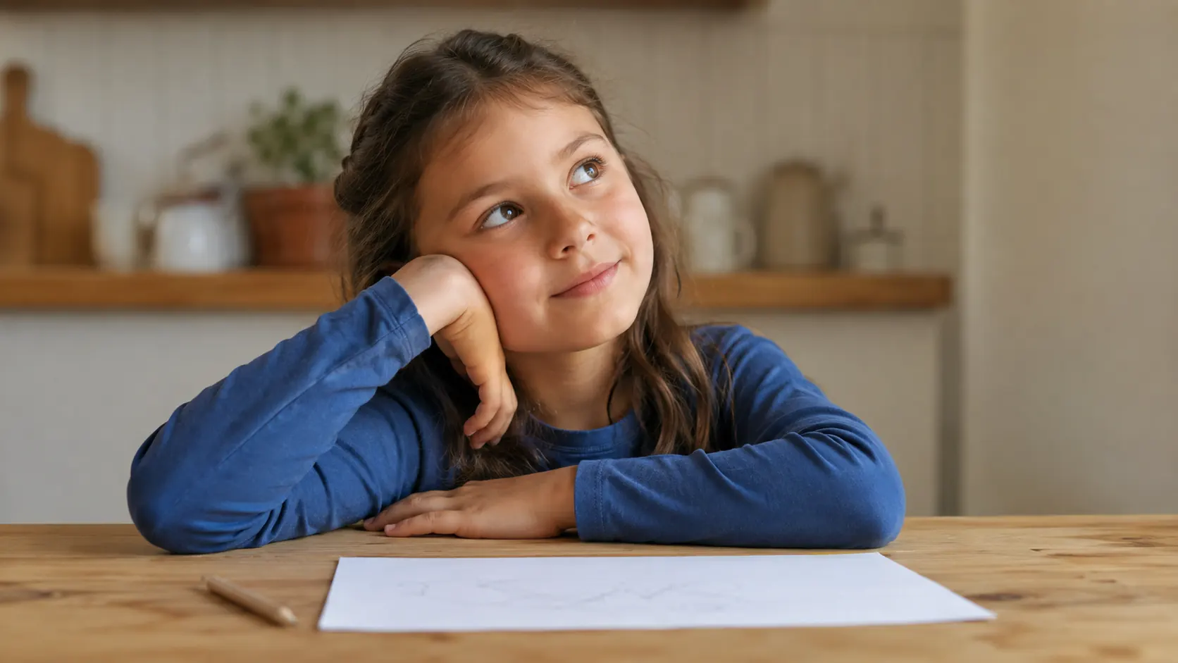 A child at a table with a thoughtful expression, chin resting on one hand, a paper of riddles in front of them