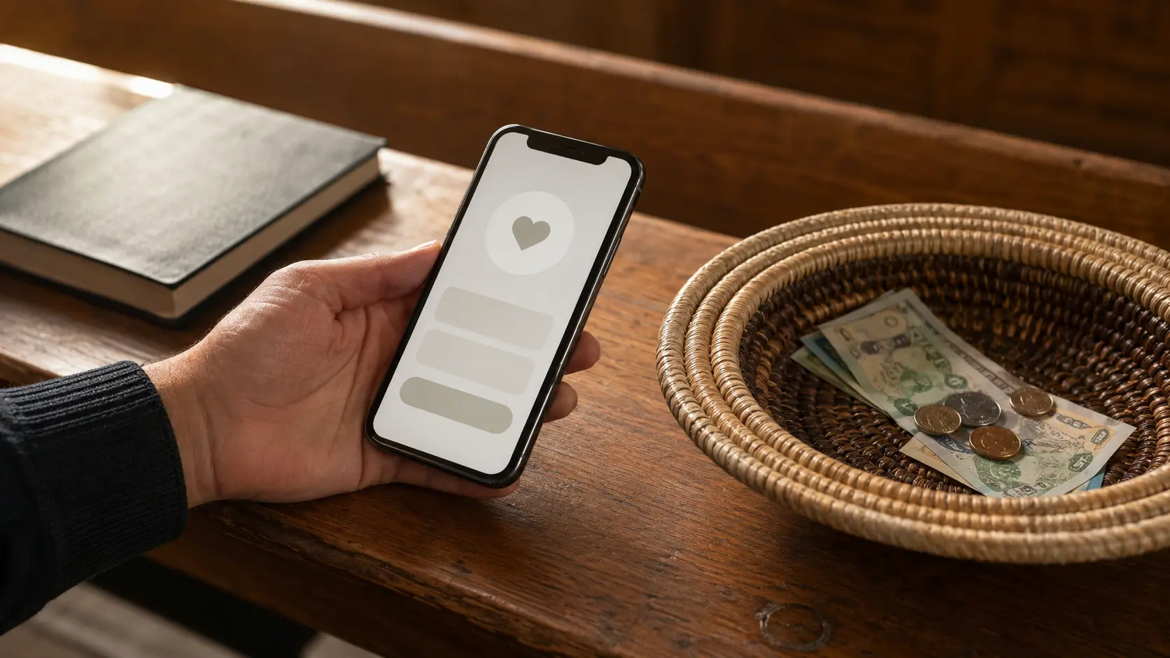 A phone showing a giving screen held beside a traditional offering plate in a church pew