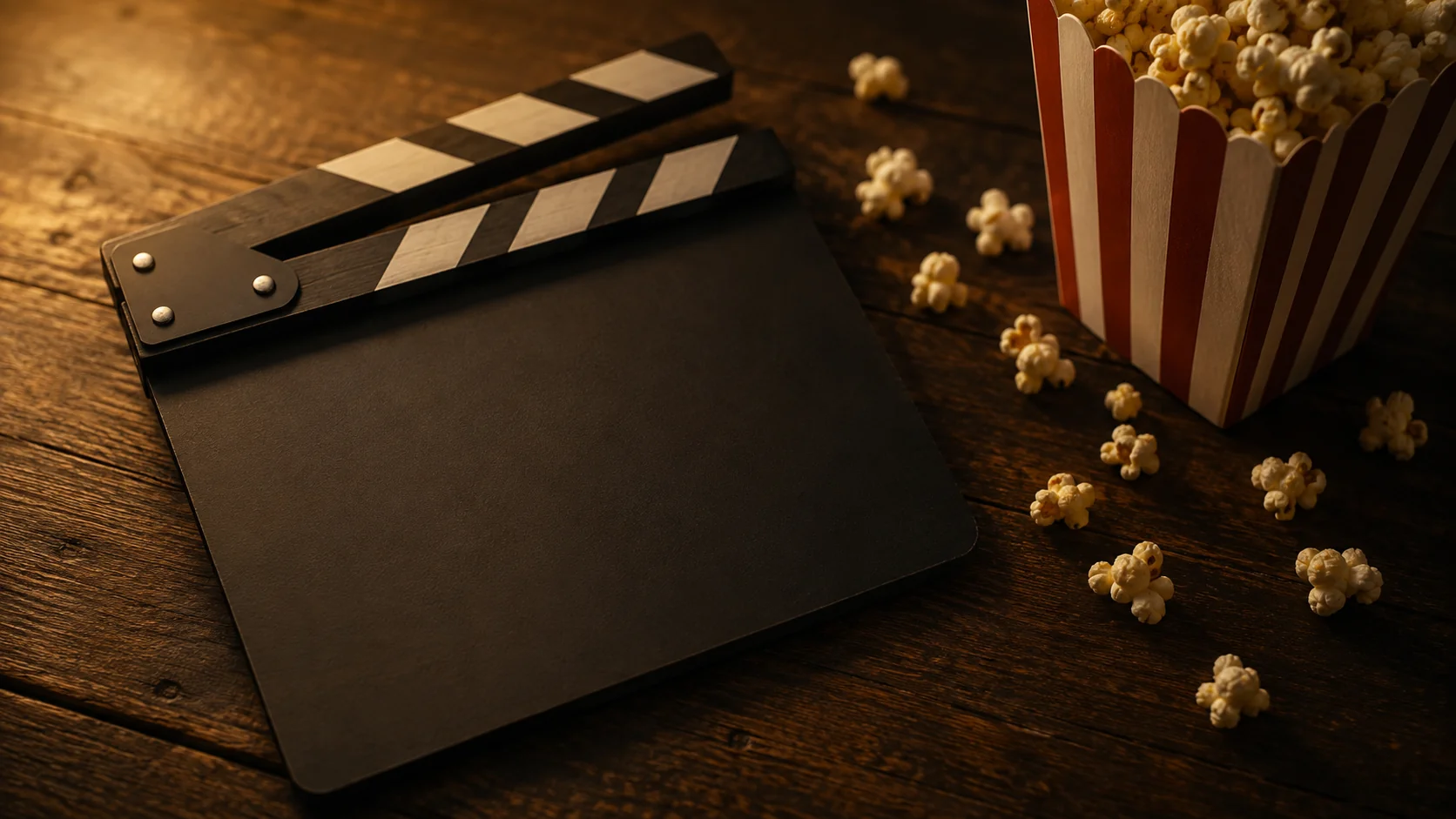 Uma claquete genérica de madeira com lousa em branco ao lado de uma caixa listrada de pipoca e grãos espalhados numa mesa escura, iluminação estilo cinema
