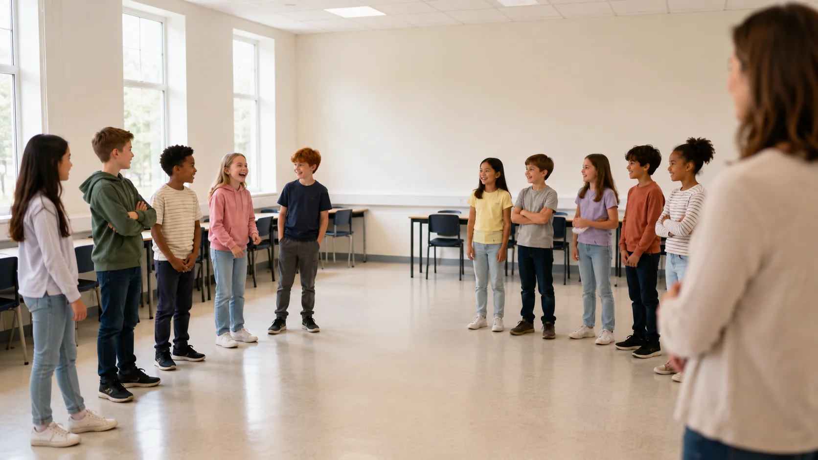 Children in a bright classroom standing in two groups on opposite sides of the room after choosing between two options