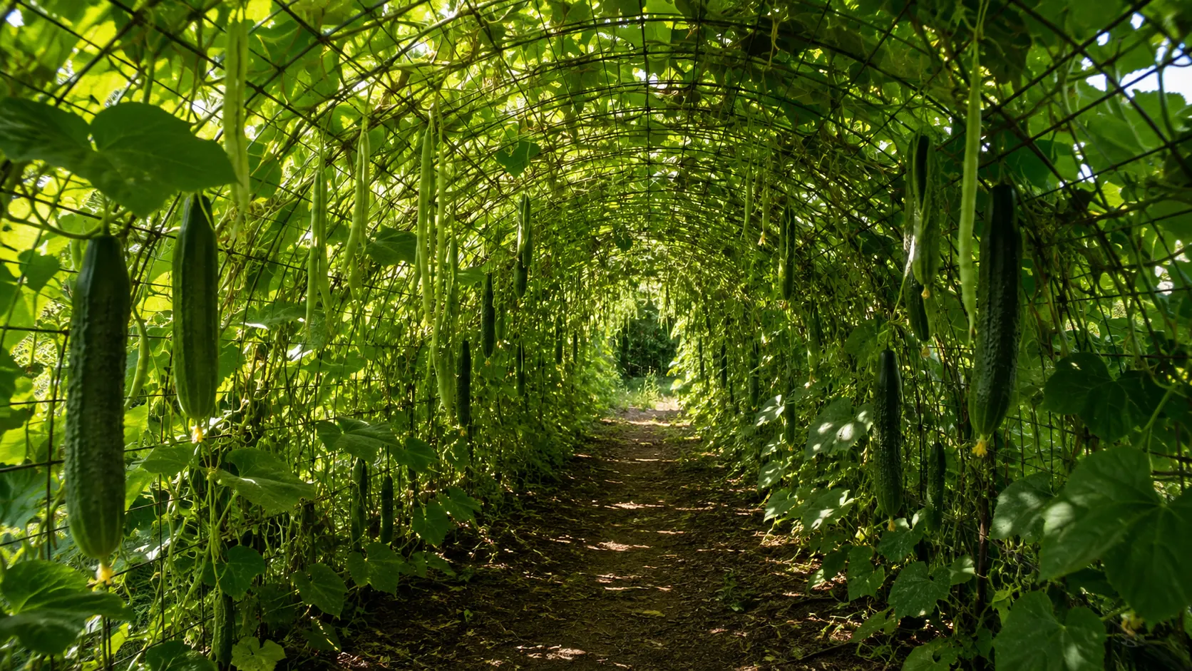 A cattle panel bent into an arch over two garden beds, covered with climbing cucumber and bean vines, with fruit hanging down inside the tunnel