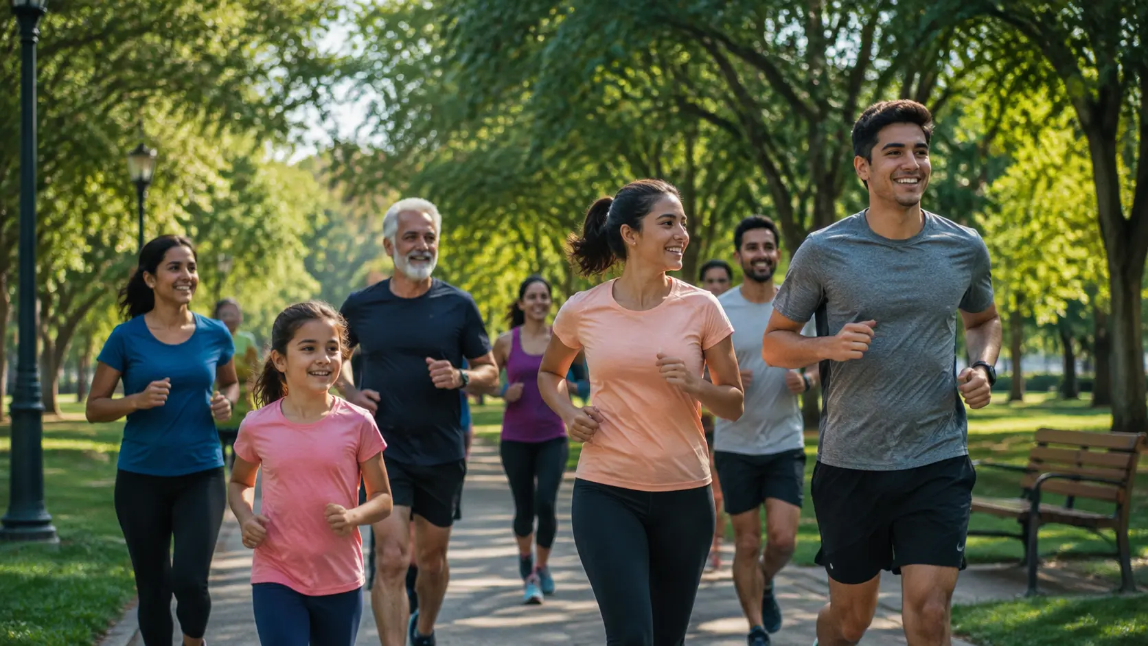 Pessoas de idades variadas correndo juntas numa trilha de parque durante corrida comunitária de manhã