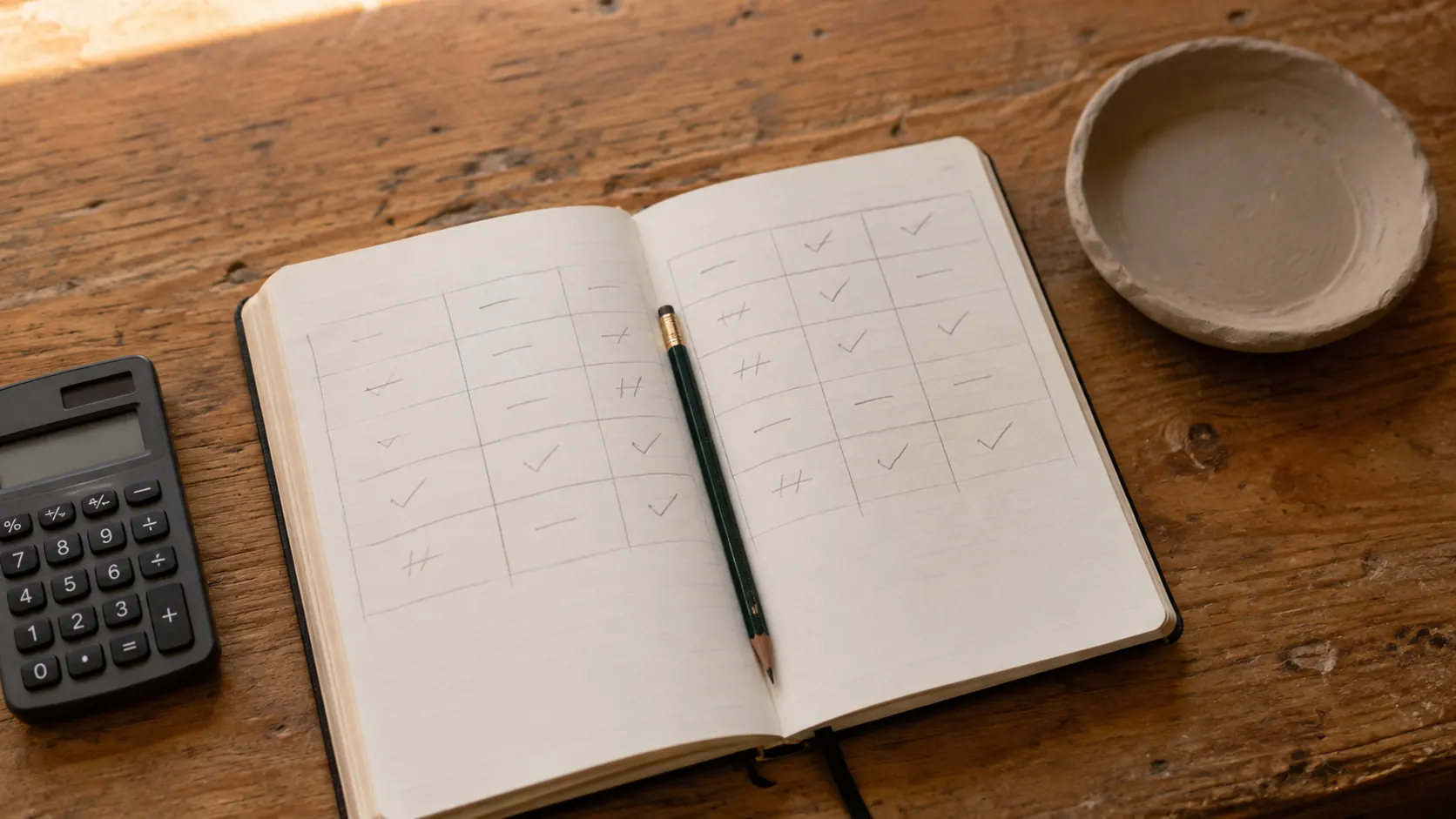 A notebook page on a workbench with a hand-drawn comparison table of sales channels, beside a calculator and a partly finished handmade item
