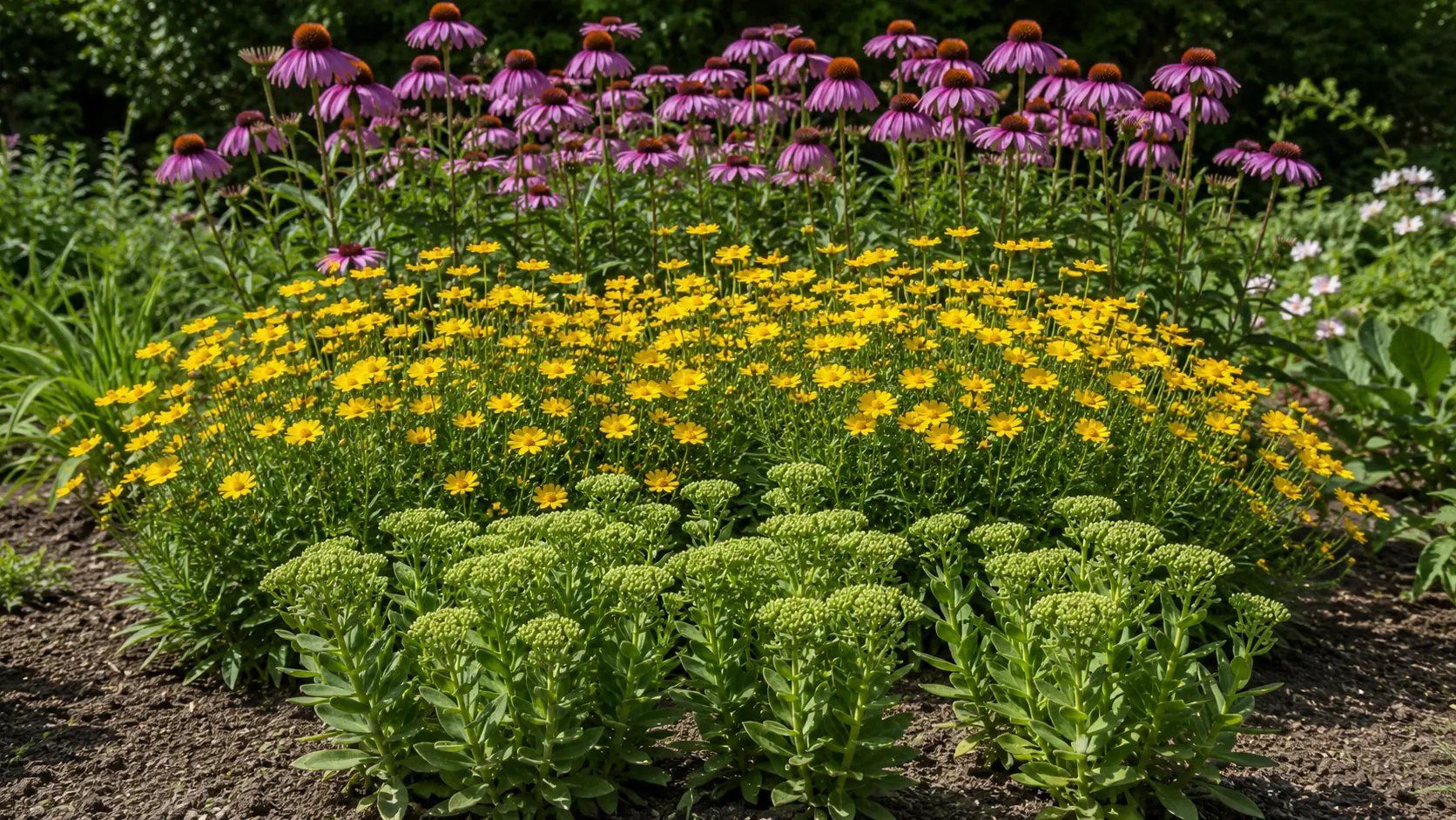 A sunny garden bed in mid summer with purple coneflowers, yellow coreopsis and a clump of upright sedum growing together at different heights
