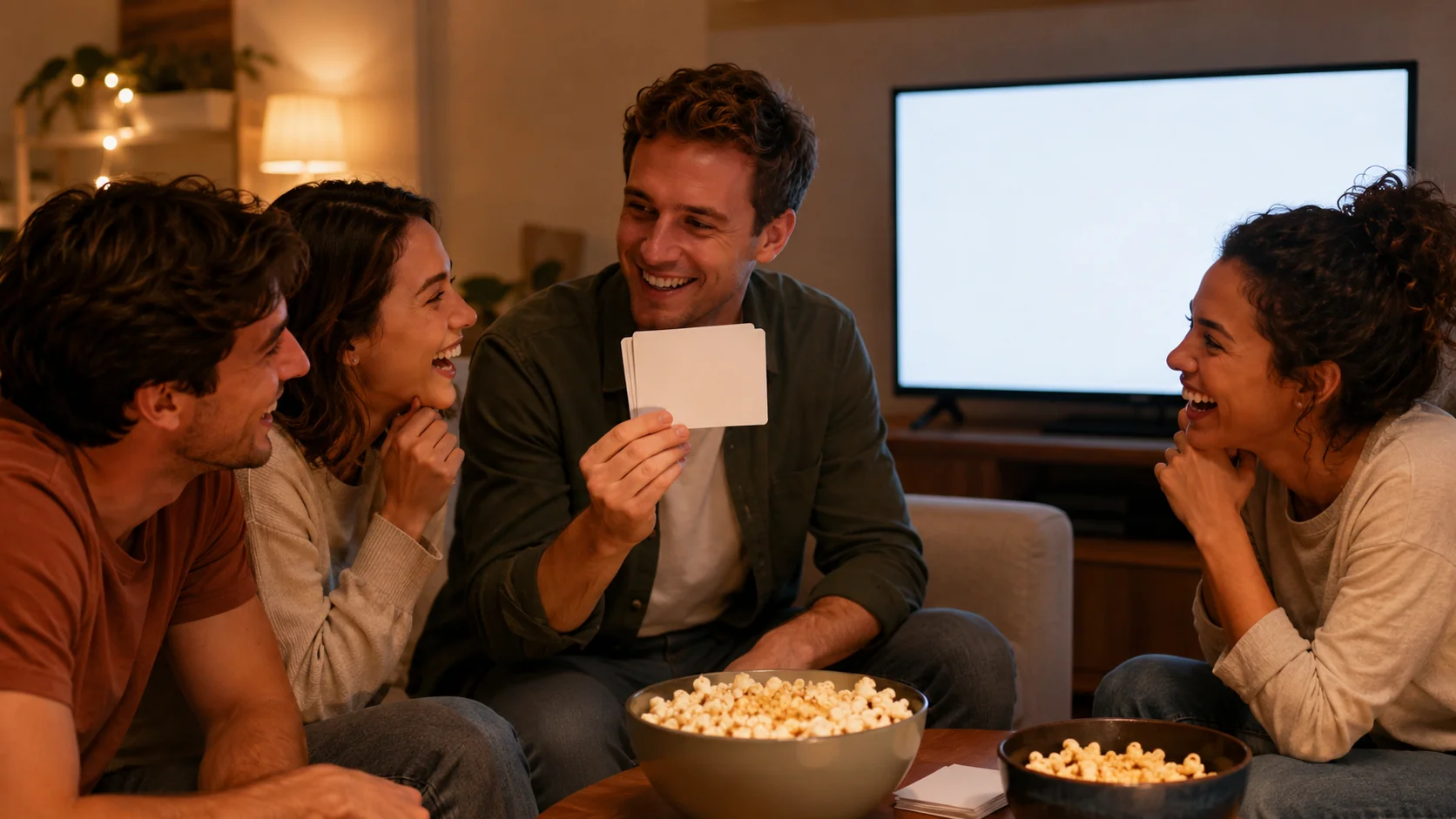 Amigos num sofá numa noite caseira de quiz de cinema, um segurando cartas de pergunta em branco enquanto os outros riem, tigelas de pipoca e uma TV acesa em branco ao fundo