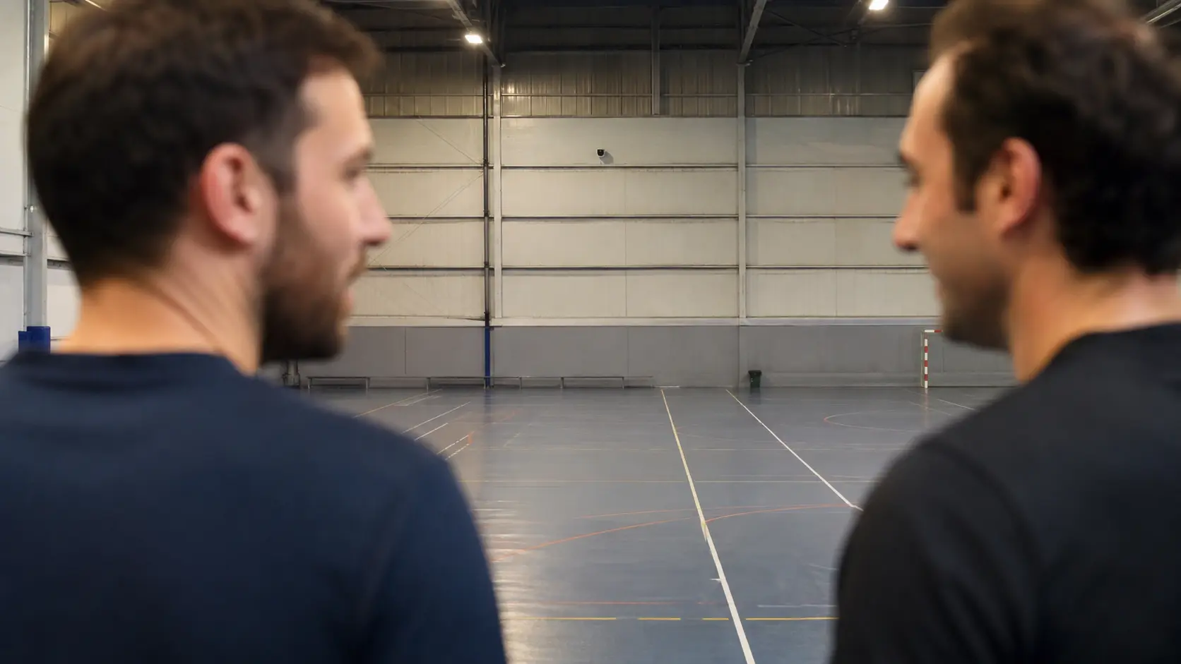 Cámara fija montada en lo alto de la pared de la cancha con los jugadores pequeños en el encuadre, allá abajo