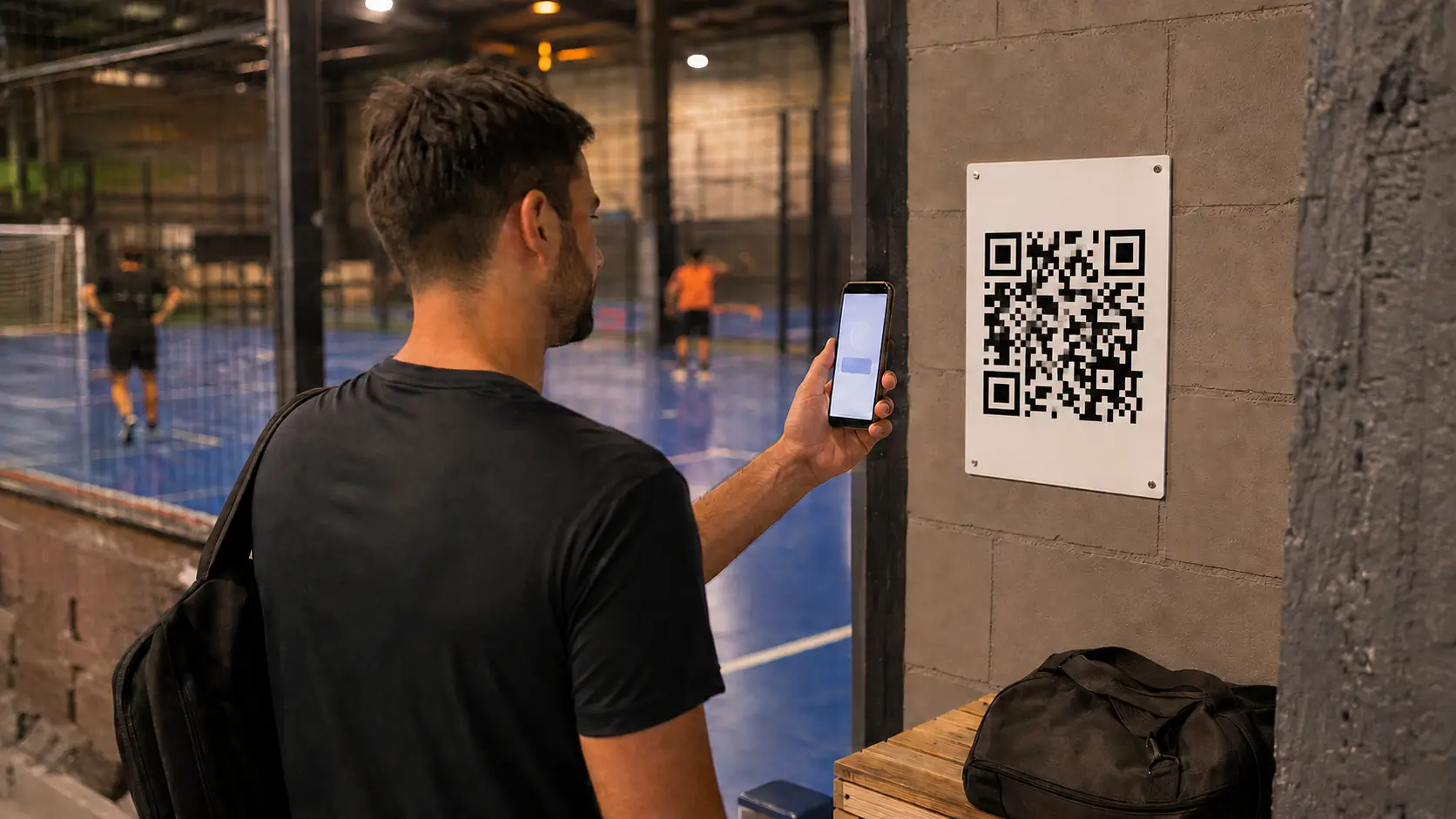 Jugador con ropa deportiva escaneando un cartel al costado de una cancha techada con el teléfono