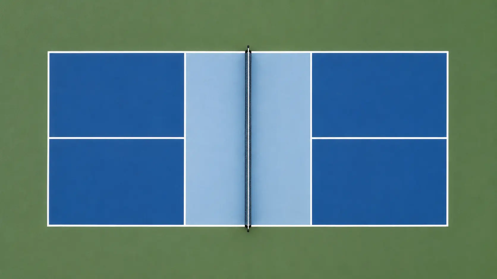 An overhead view of a pickleball court showing the two service courts on each side, the centreline and the shaded non volley zone running along both sides of the net