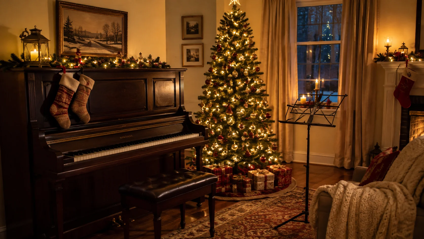Um piano vertical numa sala aconchegante decorada para o Natal, luzes quentes da árvore brilhando ao lado, estante de partitura vazia, luz de fim de tarde