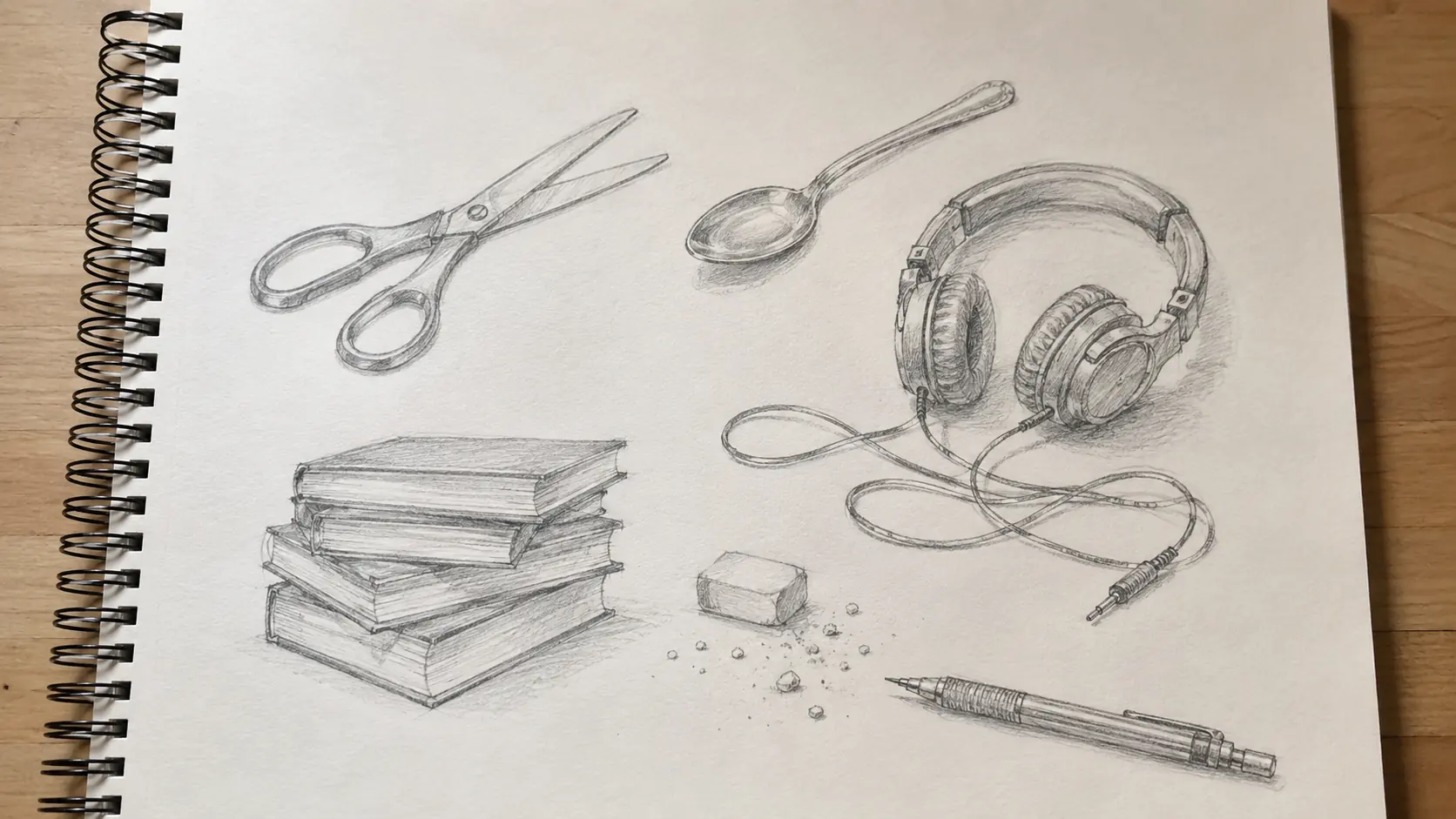 Vista cenital de una página de cuaderno llena de pequeños dibujos a lápiz de objetos de casa: tijeras, una cuchara, audífonos con el cable en lazos y una pila de libros, con un portaminas apoyado en la página