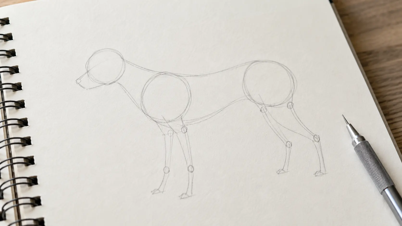 Página de cuaderno mostrando la construcción inicial de un dibujo de perro: tres círculos suaves a lápiz para cabeza, pecho y cuartos traseros, conectados por líneas guía curvas, con patas de palito esbozadas debajo