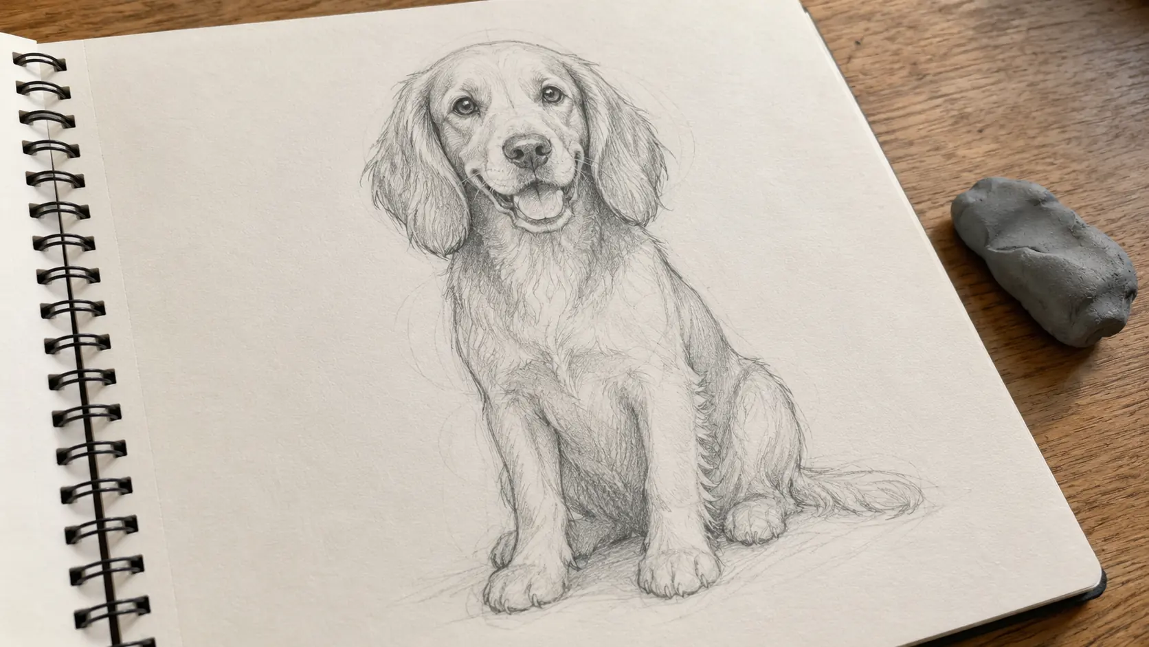 Página de cuaderno con dibujo a lápiz terminado de un perro simpático de orejas caídas sentado, contorno limpio y seguro con sombreado suave de pelaje, círculos de construcción tenues aún visibles debajo