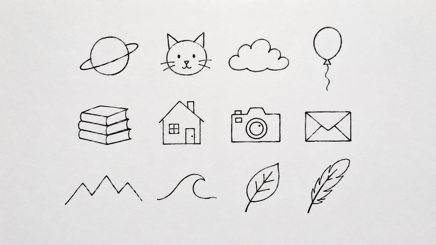 A notebook page filled with small simple ink doodles grouped in rows, one row built from circles, one from squares and one from single curved lines