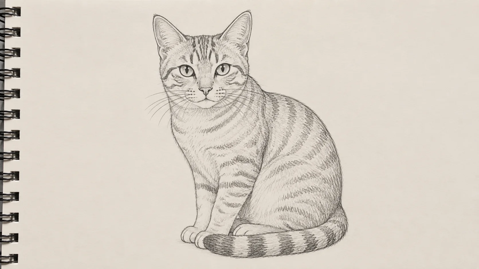 Desenho a lápis finalizado de um gato sentado com orelhas triangulares grandes, olhos amendoados e o rabo curvado ao redor das patas dianteiras