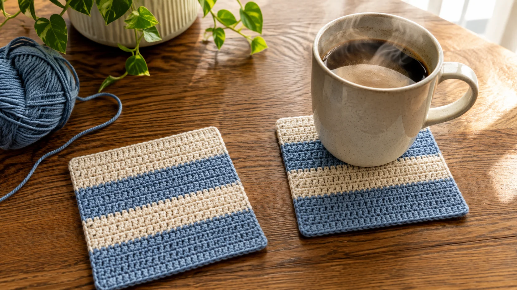 Un posavasos de crochet a rayas terminado en crudo y azul grisáceo con una taza de café humeante encima, segundo posavasos y ovillo cerca sobre una mesa de madera