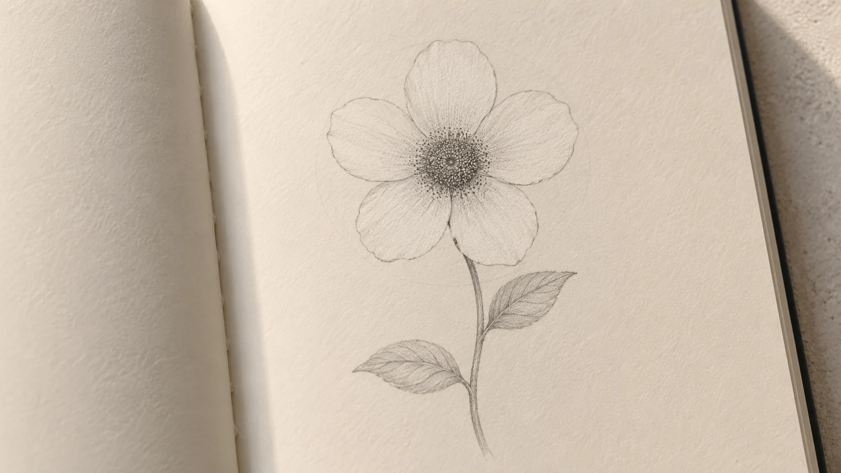 Desenho a lápis finalizado de uma flor de cinco pétalas em uma página de caderno, com miolo escuro pontilhado, pétalas claras, caule levemente curvado e duas folhas em alturas diferentes