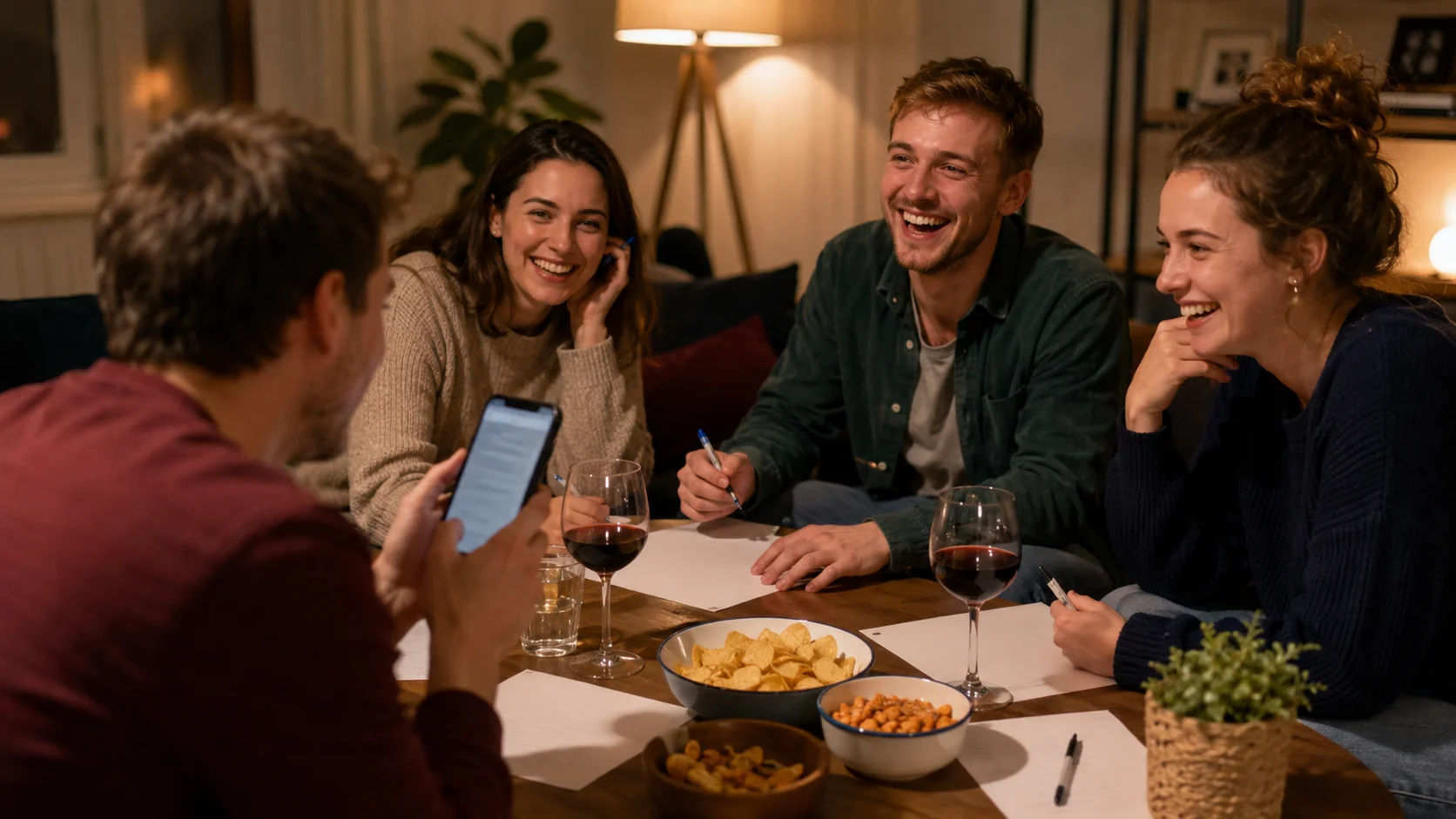 Amigos reunidos em volta de uma mesa de sala numa noite de quiz, uma pessoa lendo perguntas no celular, outras rindo com canetas e folhas de resposta, luz quente de fim de noite