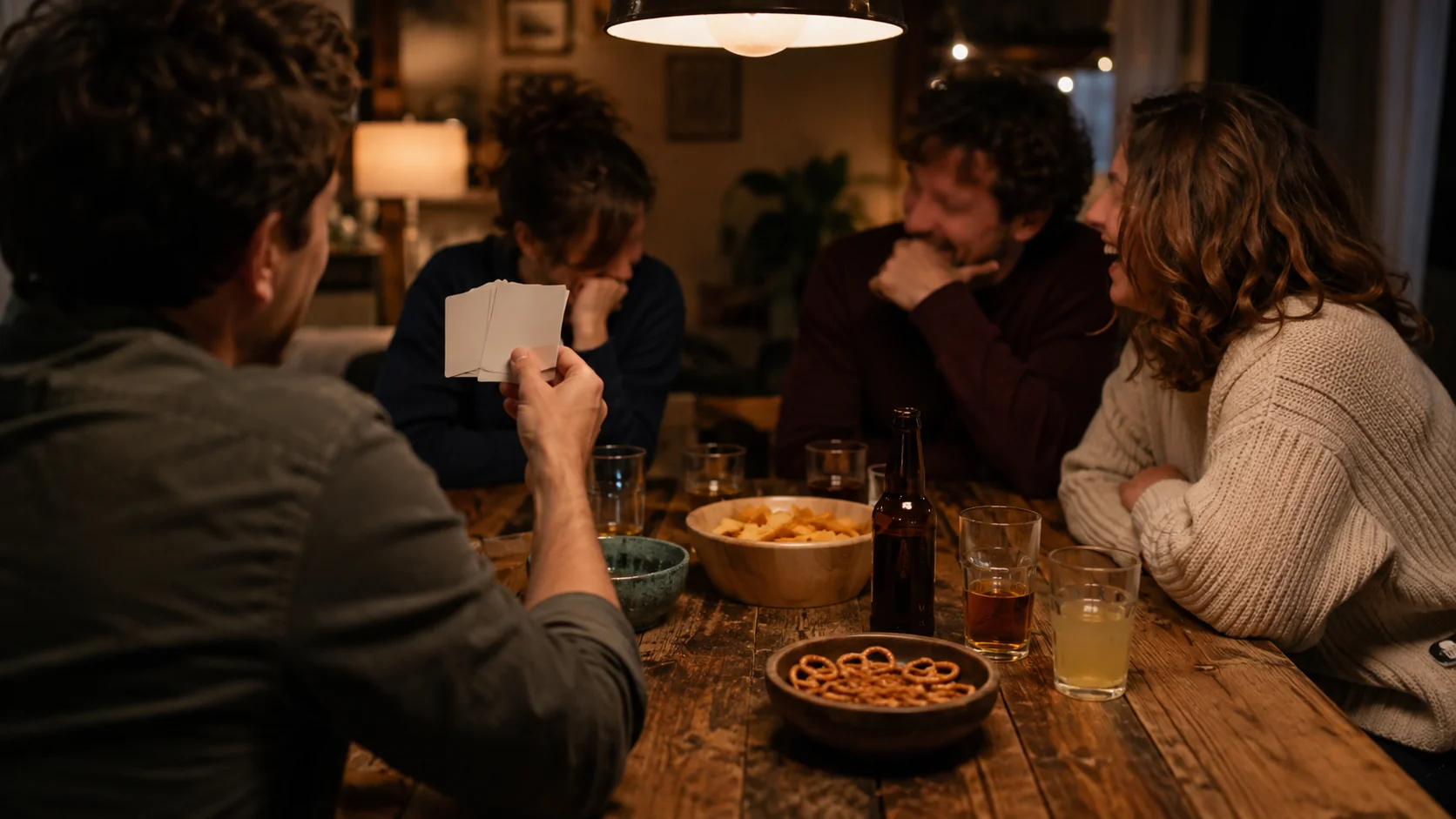 Amigos em volta de uma mesa de madeira numa noite de quiz aconchegante, uma pessoa lendo cartas enquanto os outros se inclinam rindo, bebidas e petiscos entre eles em luz quente