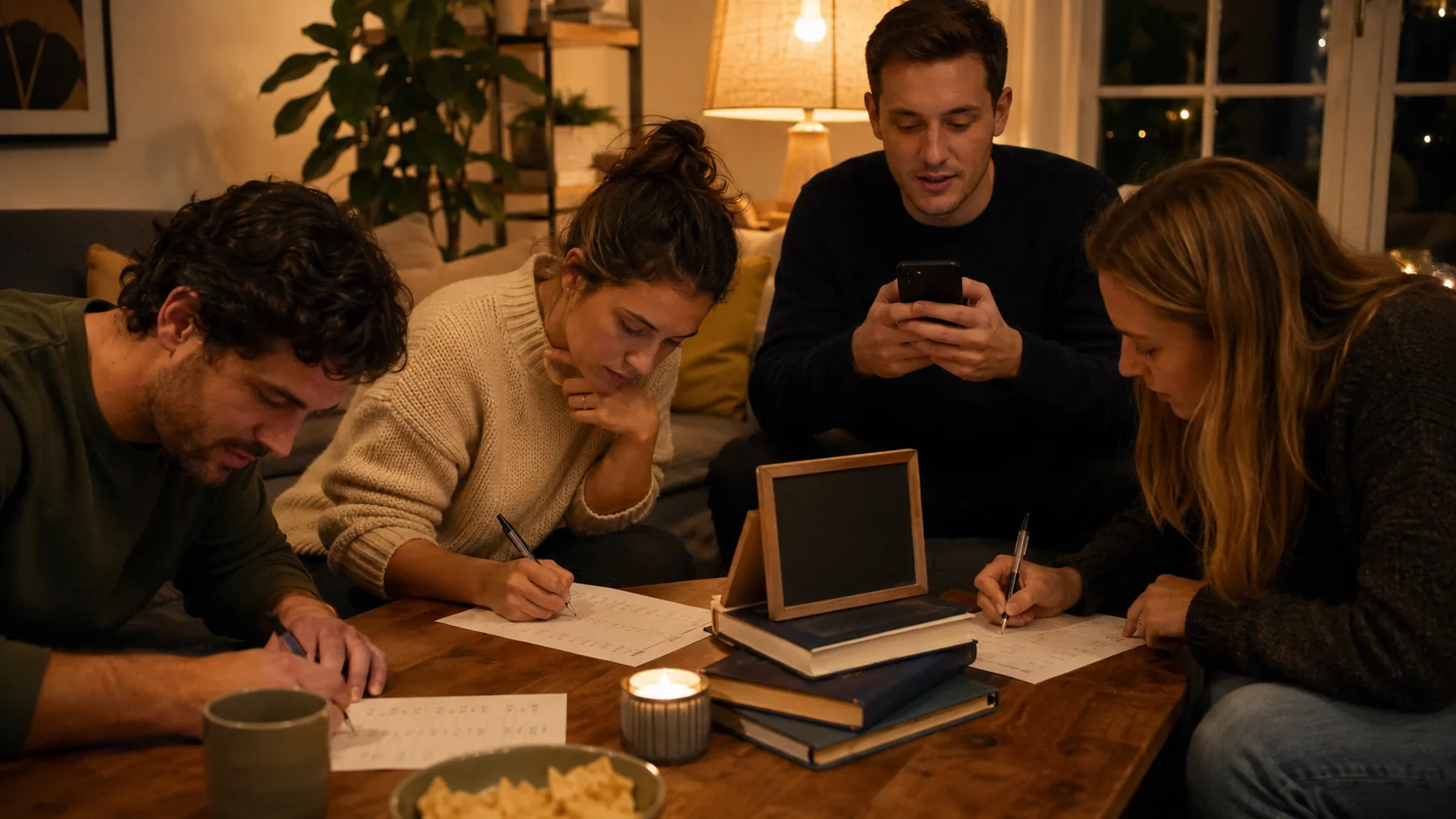 Amigos ao redor de uma mesa de sala em noite de quiz, uma pessoa lendo perguntas de esportes no celular enquanto as outras seguram canetas sobre folhas de resposta, com um pequeno placar de lousa ao lado