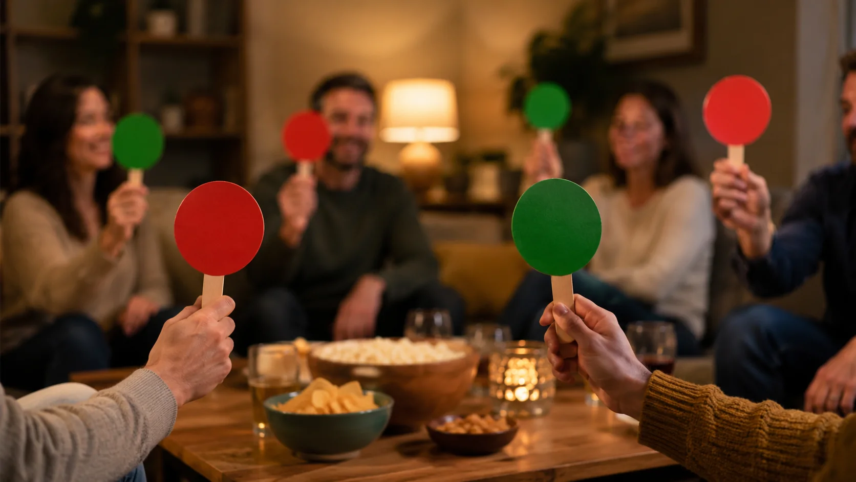 Mãos de várias pessoas erguendo plaquinhas verdes e vermelhas sem texto ao redor de uma mesa de sala, em noite de jogos com luz aconchegante