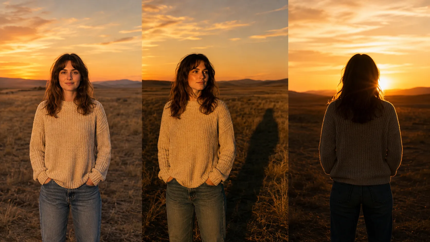 The same person photographed three times at sunset, lit from the front with warm even light, from the side with long raking shadows, and from behind as a rim-lit silhouette