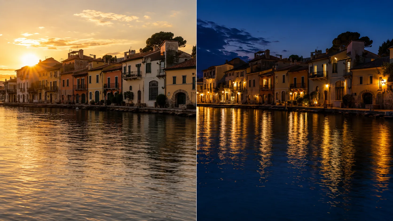 The same waterfront scene photographed twice, once in warm low sunlight with long shadows and once after sunset in deep blue light with the buildings' windows glowing