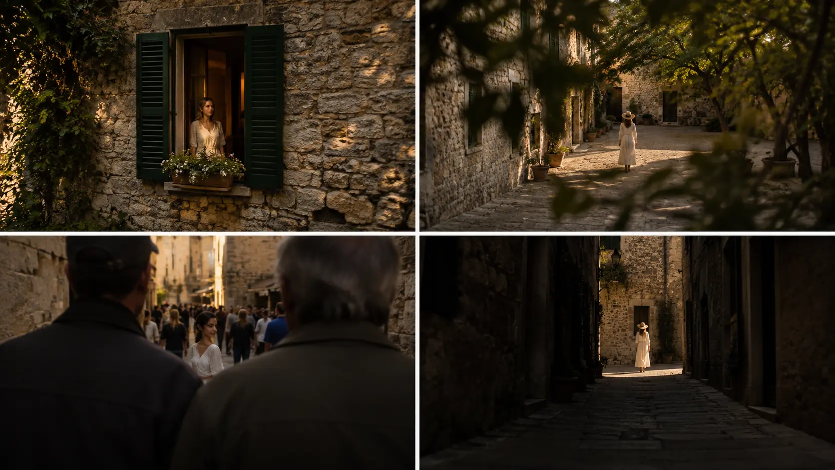 Four small scenes side by side showing a subject framed by a window, by out-of-focus branches, by two silhouetted shoulders in a crowd and by a patch of light on a dark street