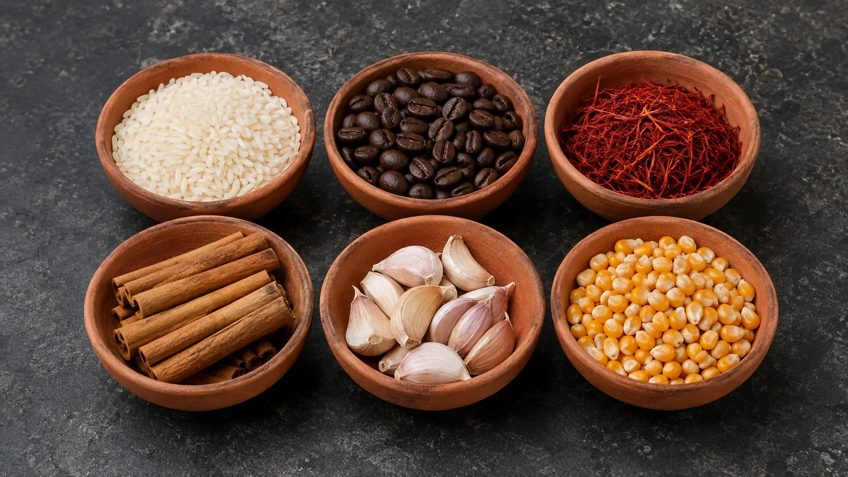 Seis tigelas pequenas de cerâmica sem esmalte em duas fileiras sobre bancada de pedra escura, cada uma com um ingrediente seco diferente: arroz, grãos de café, fios de açafrão, paus de canela, dentes de alho e grãos de milho
