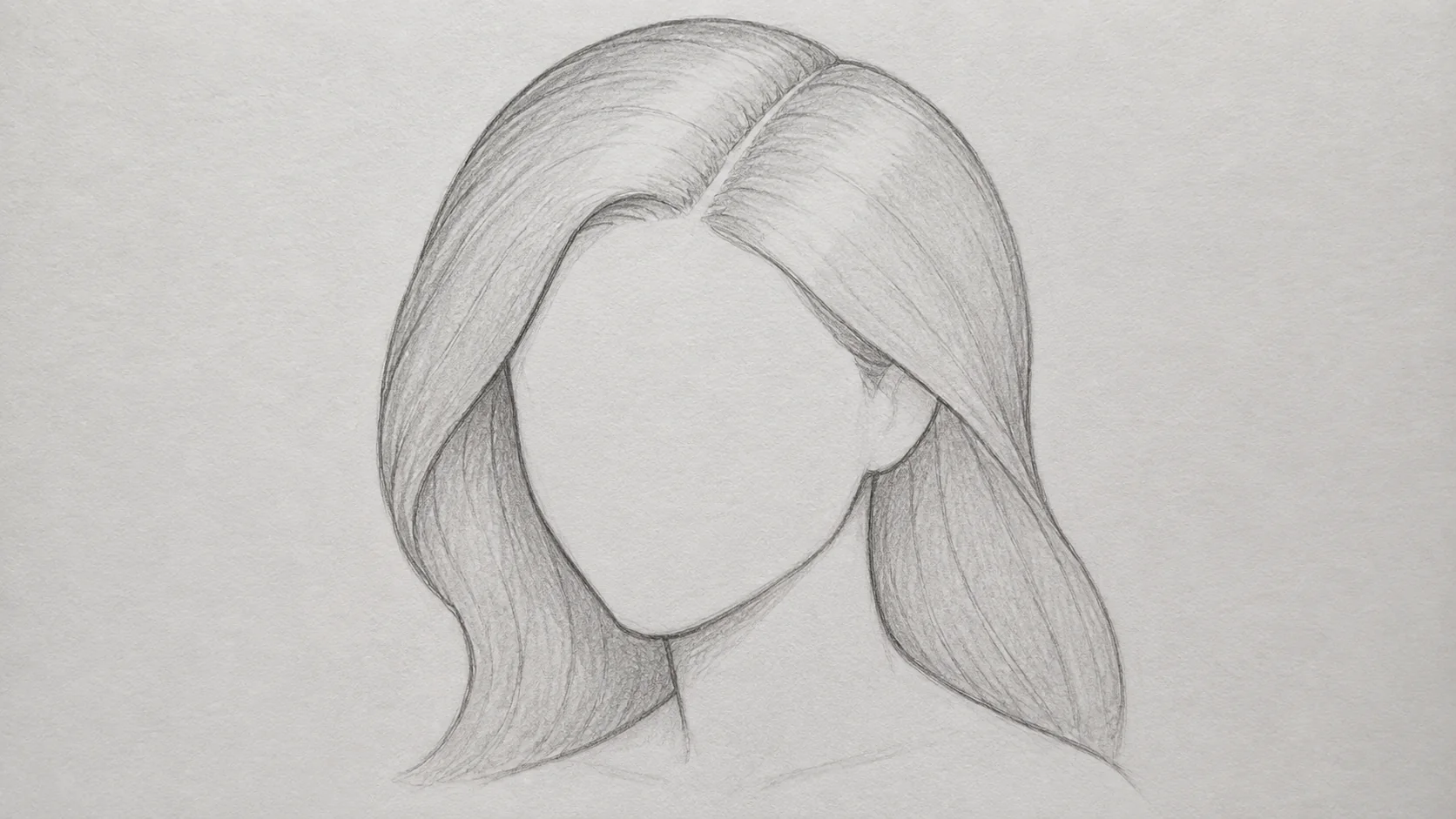 A pencil study showing hair blocked in as three large shapes around a head outline, with only a few direction lines inside each mass and a light band left unshaded