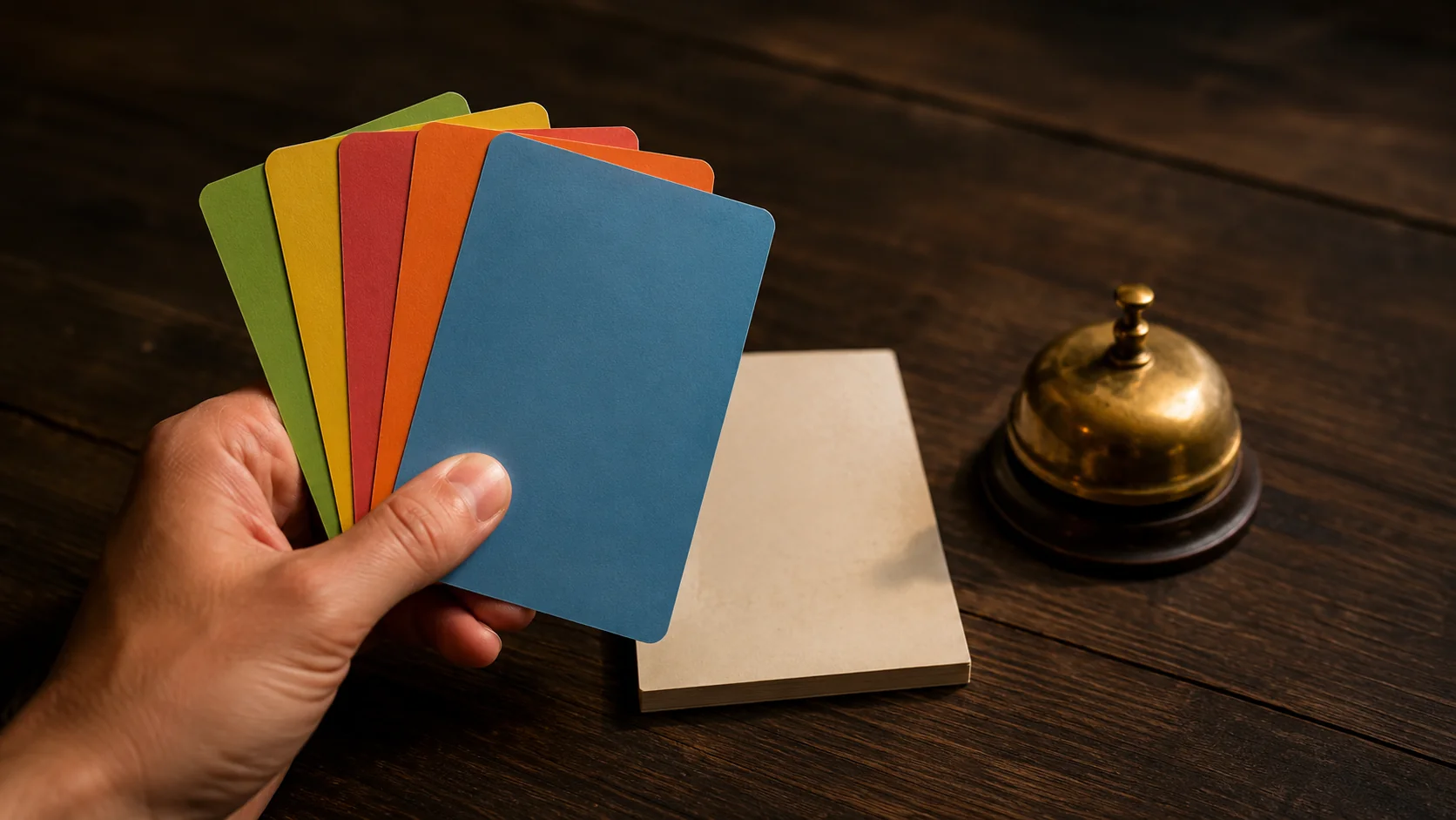 Uma mão segurando um leque de cartas de pergunta coloridas em branco sobre um bloco de pontuação e um pequeno sino de latão numa mesa escura, profundidade de campo rasa